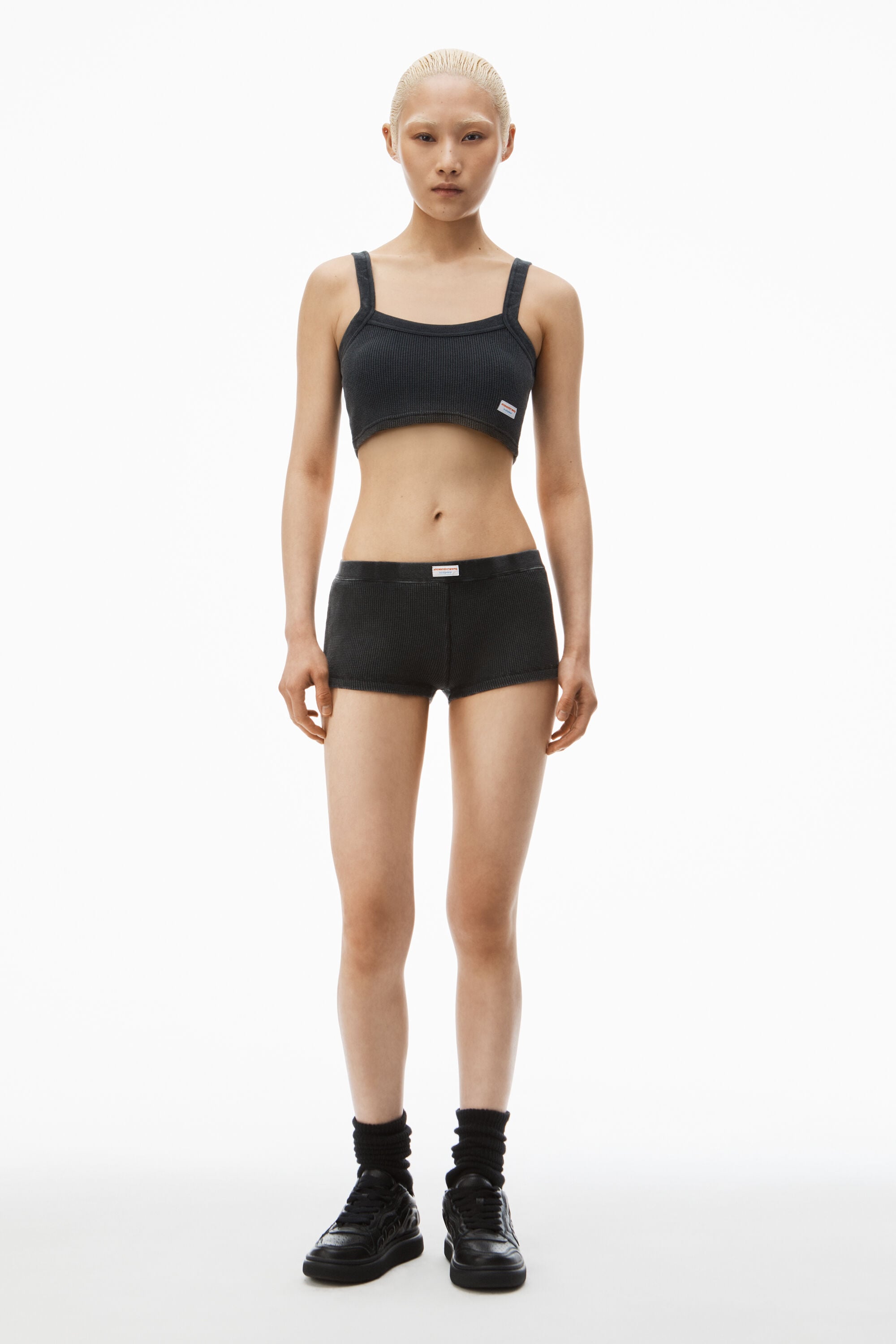 boy short in waffle-knit cotton stretch in WASHED BLACK