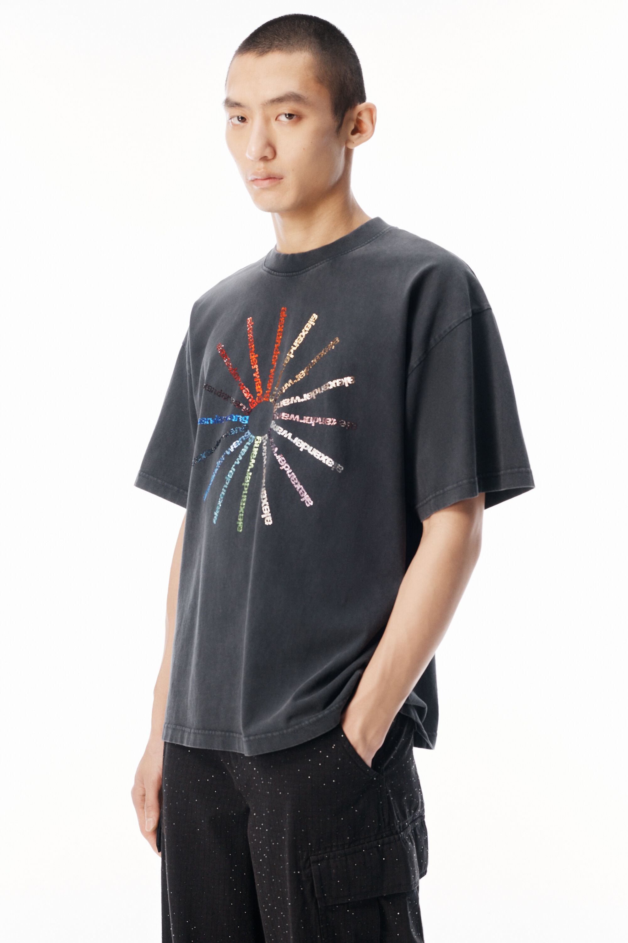 CRYSTAL HOTFIX PINWHEEL SHORT SLEEVE TEE in WASHED BLACK