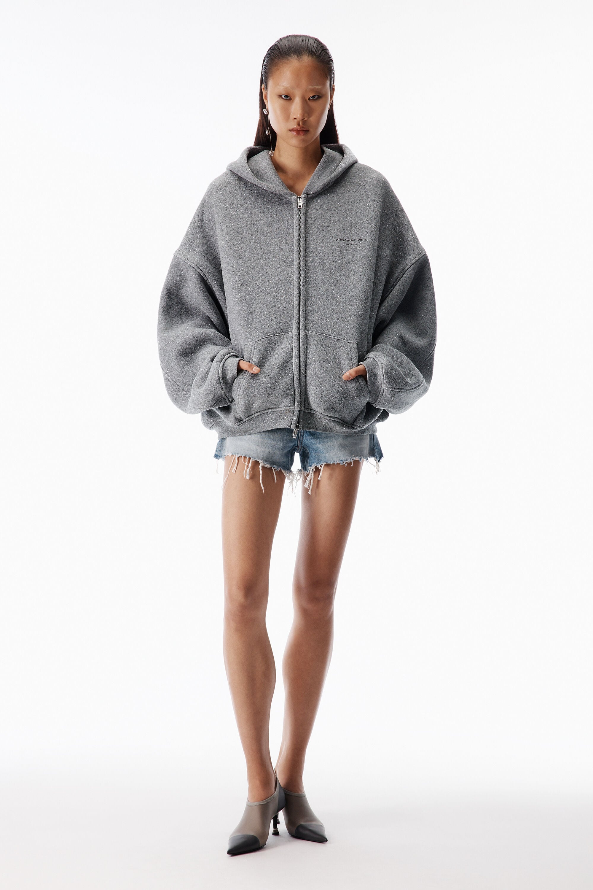 CRYSTAL HOTFIX ZIP UP HOODIE in SIDEWALK | alexanderwang®