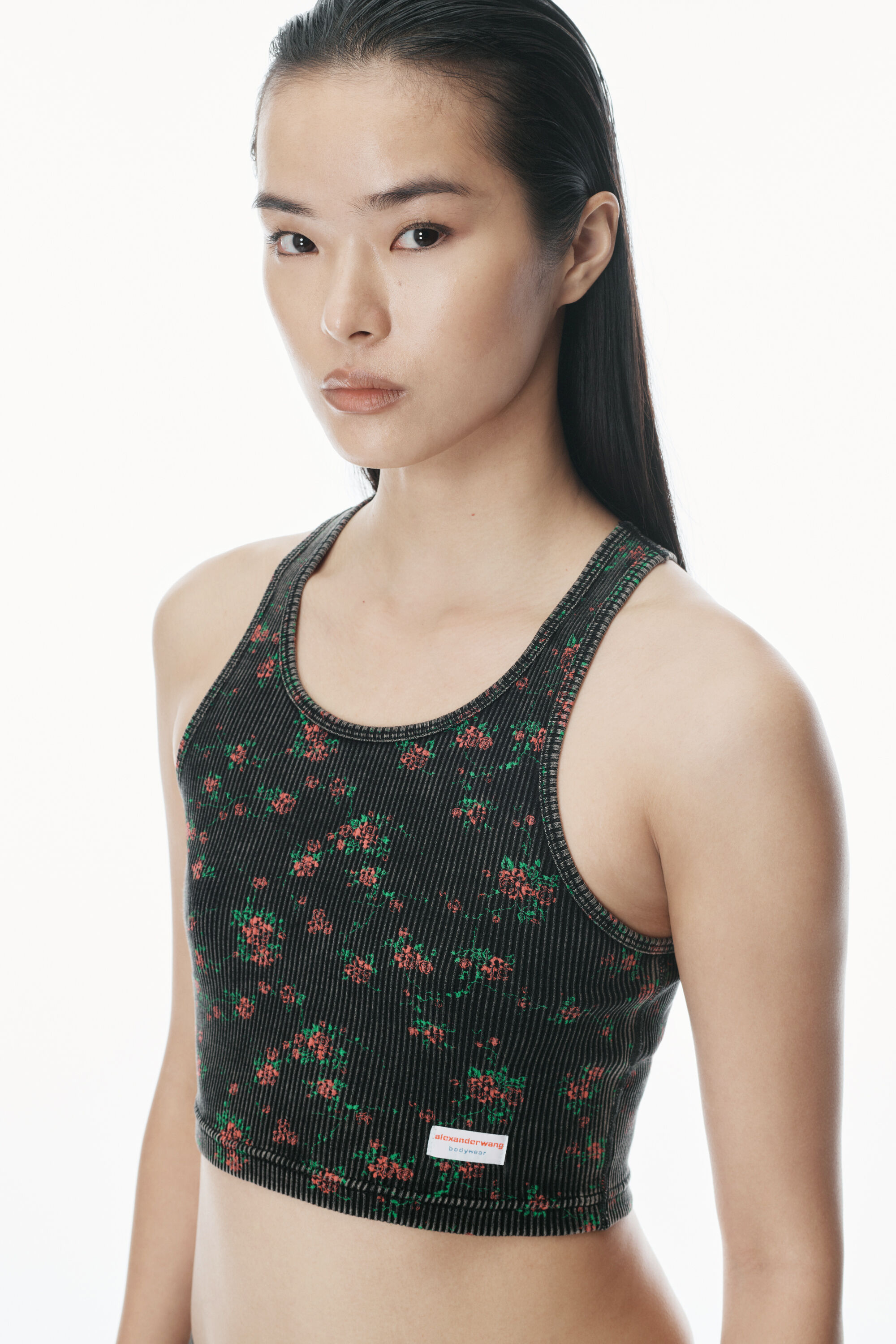 floral-print ribbed cotton racer back tank in WASHED BLACK MULTI