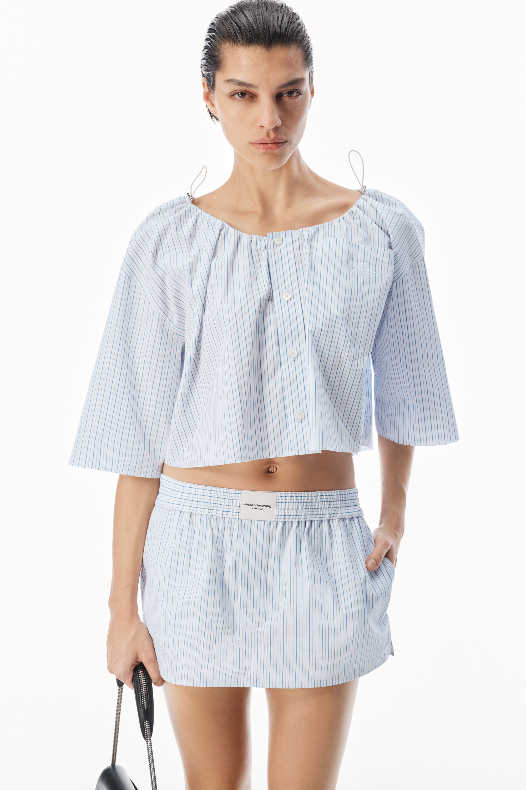 Off-Shoulder Cropped Shirt with Bungee Drawcord in WHITE/BLUE