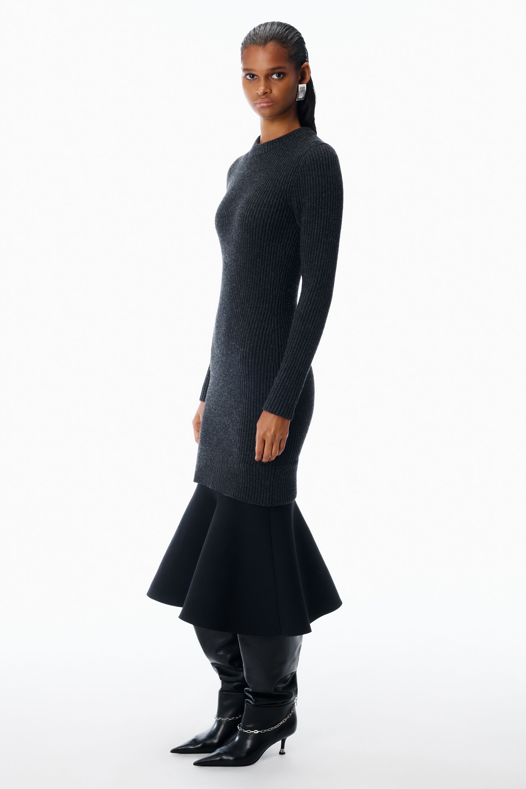 Ribbed Long-Sleeve Dress in Wool in CHARCOAL | alexanderwang®