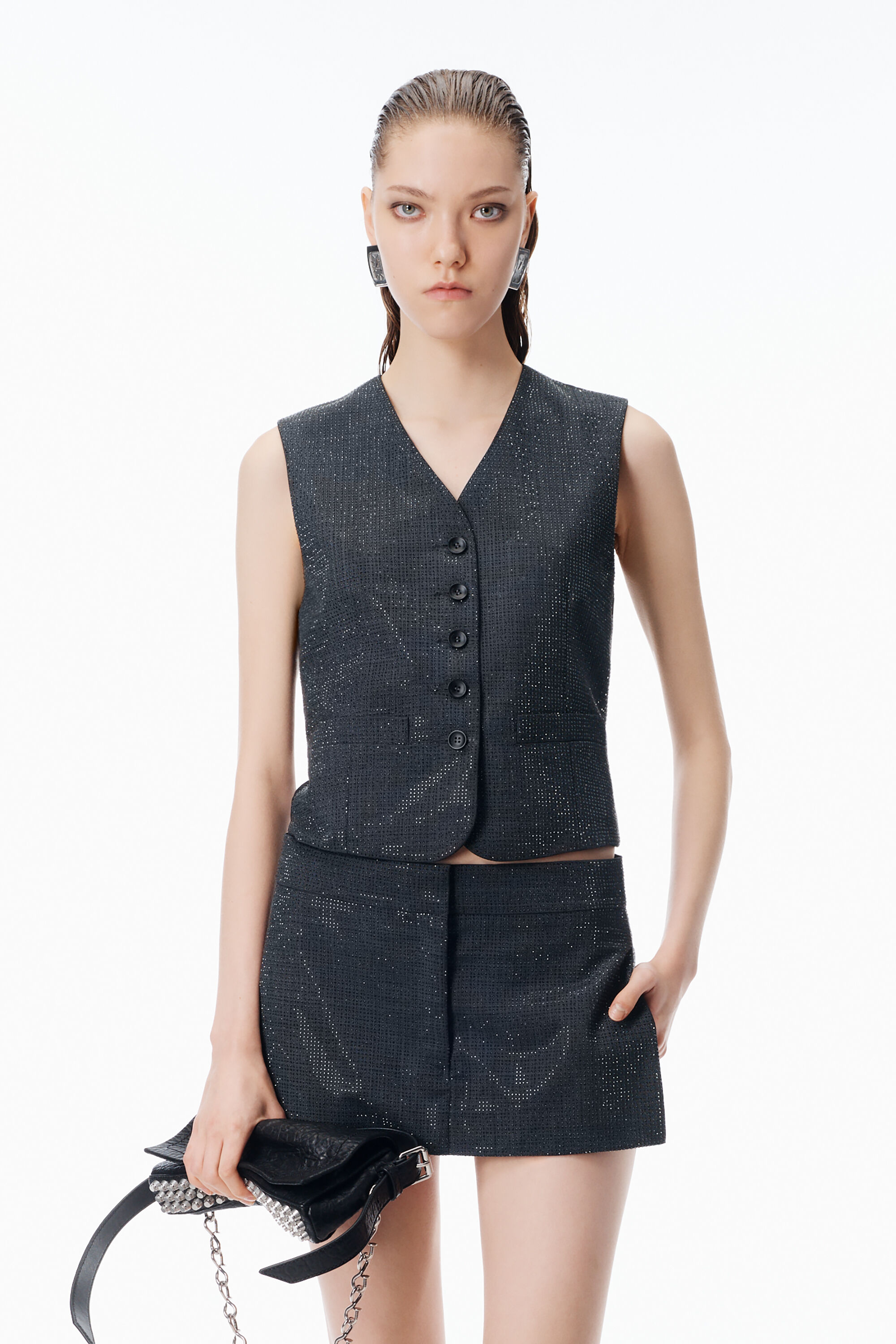 Crystal Hotfix Tailored Vest in GREY | alexanderwang®