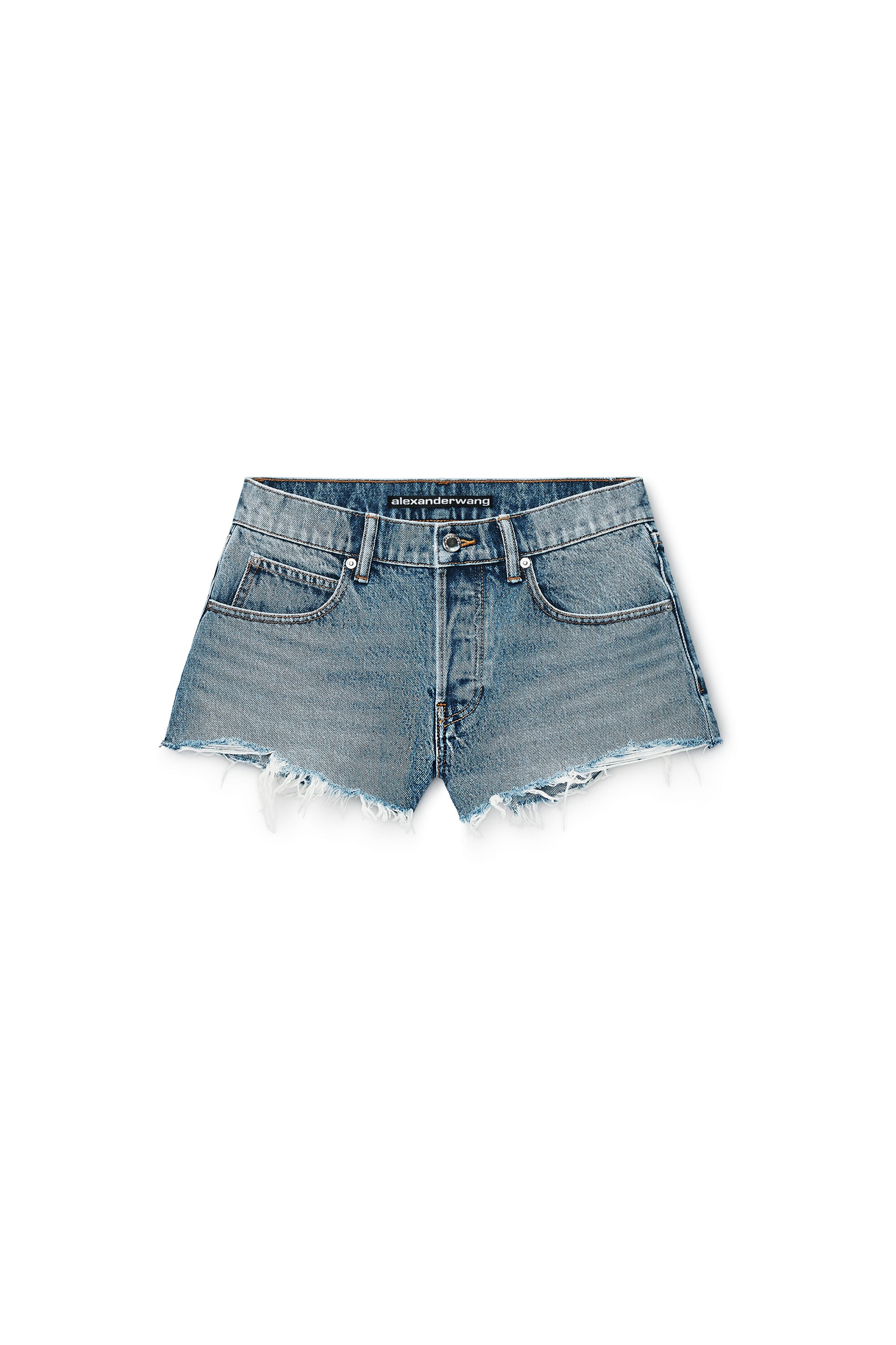 Alexander Wang ハイウエスト エラスティックバンド ショーツXS CRYSTAL HOTFIX LOGO POCKET RELAXED SHORT in VINTAGE LIGHT INDIGO
