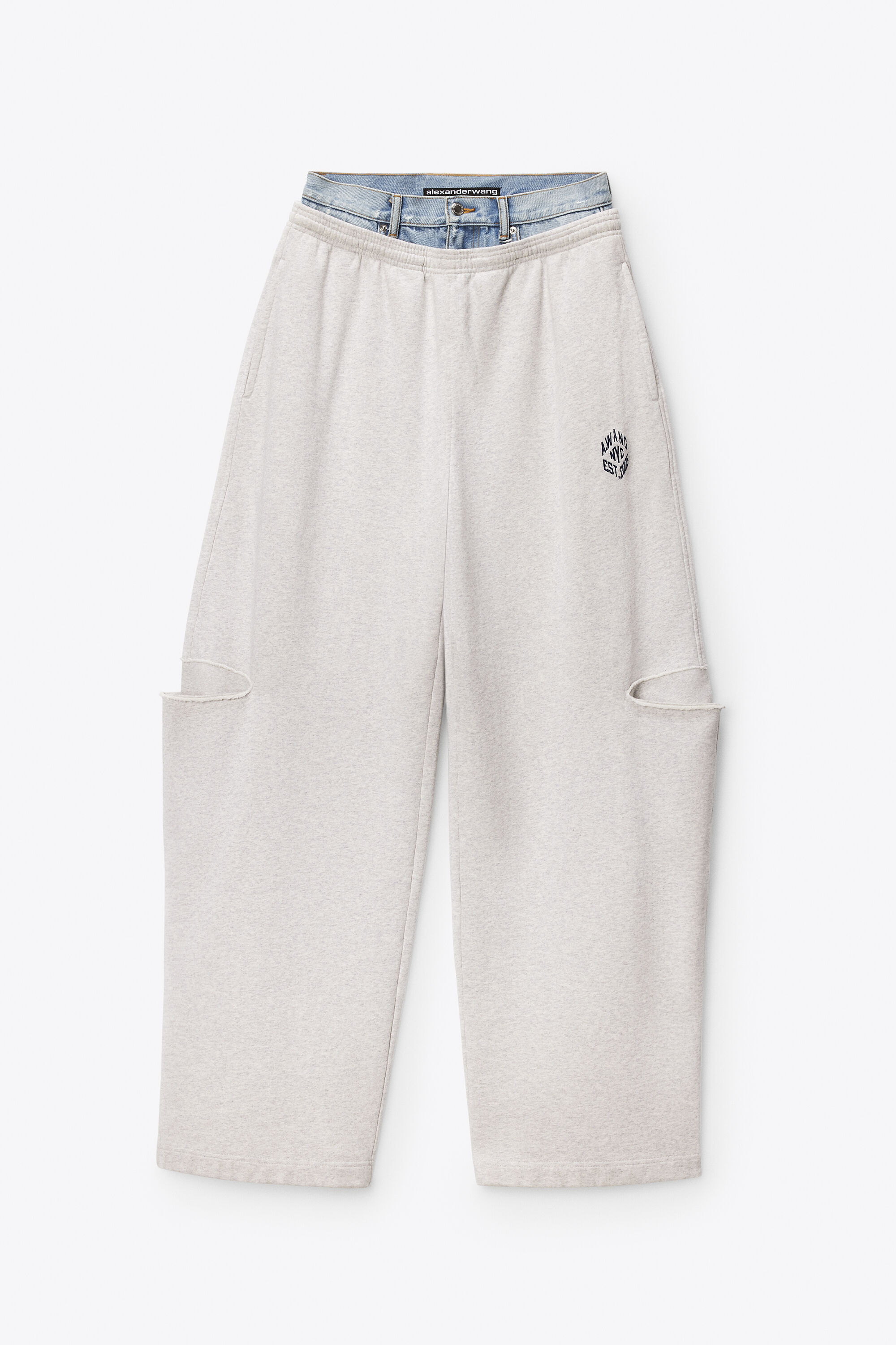 DENIM WAISTBAND SLASHED SWEATPANT in LT HEATHER GREY/LIGHT POWDER