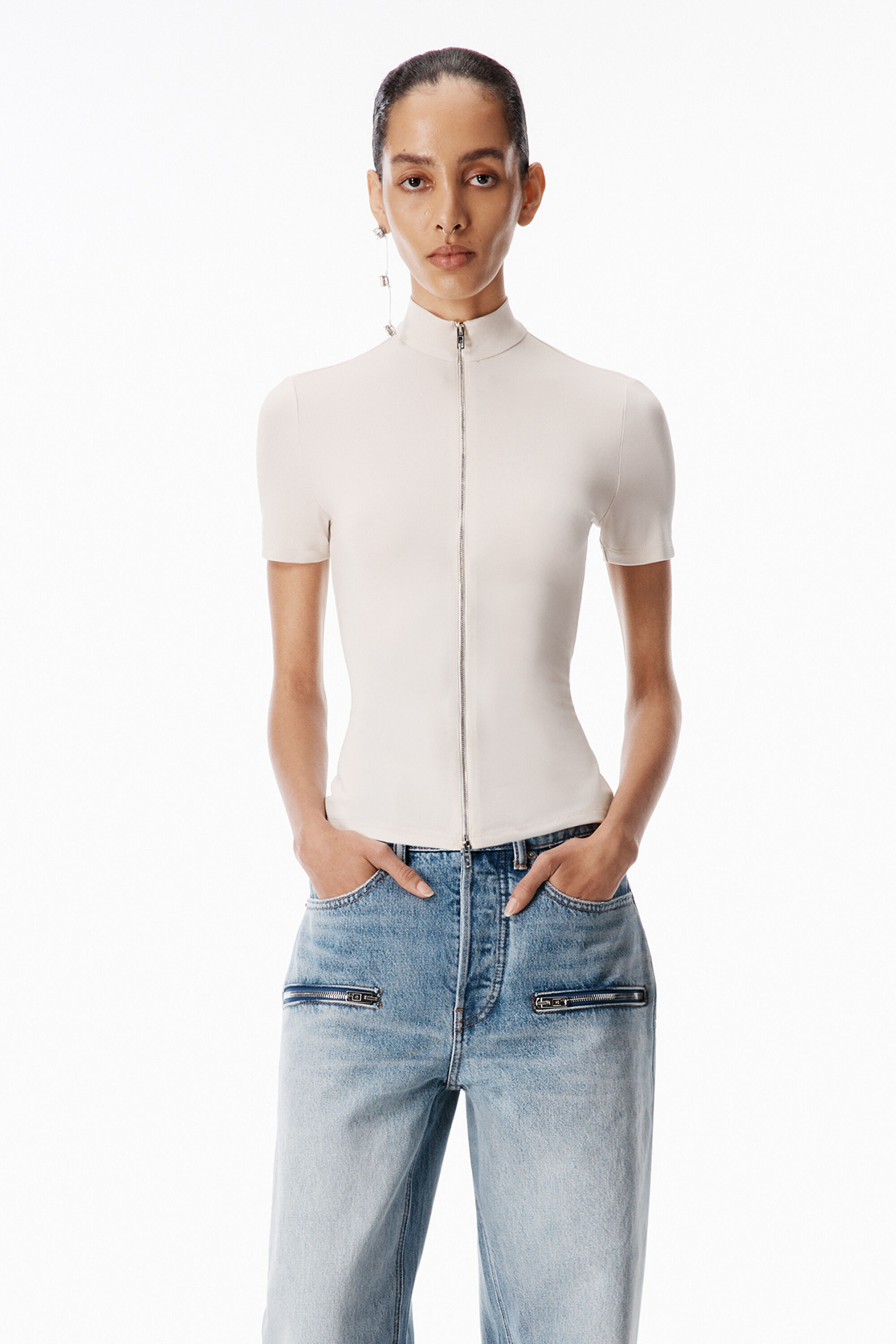 Rashguard Mock Neck Top in IVORY | alexanderwang®