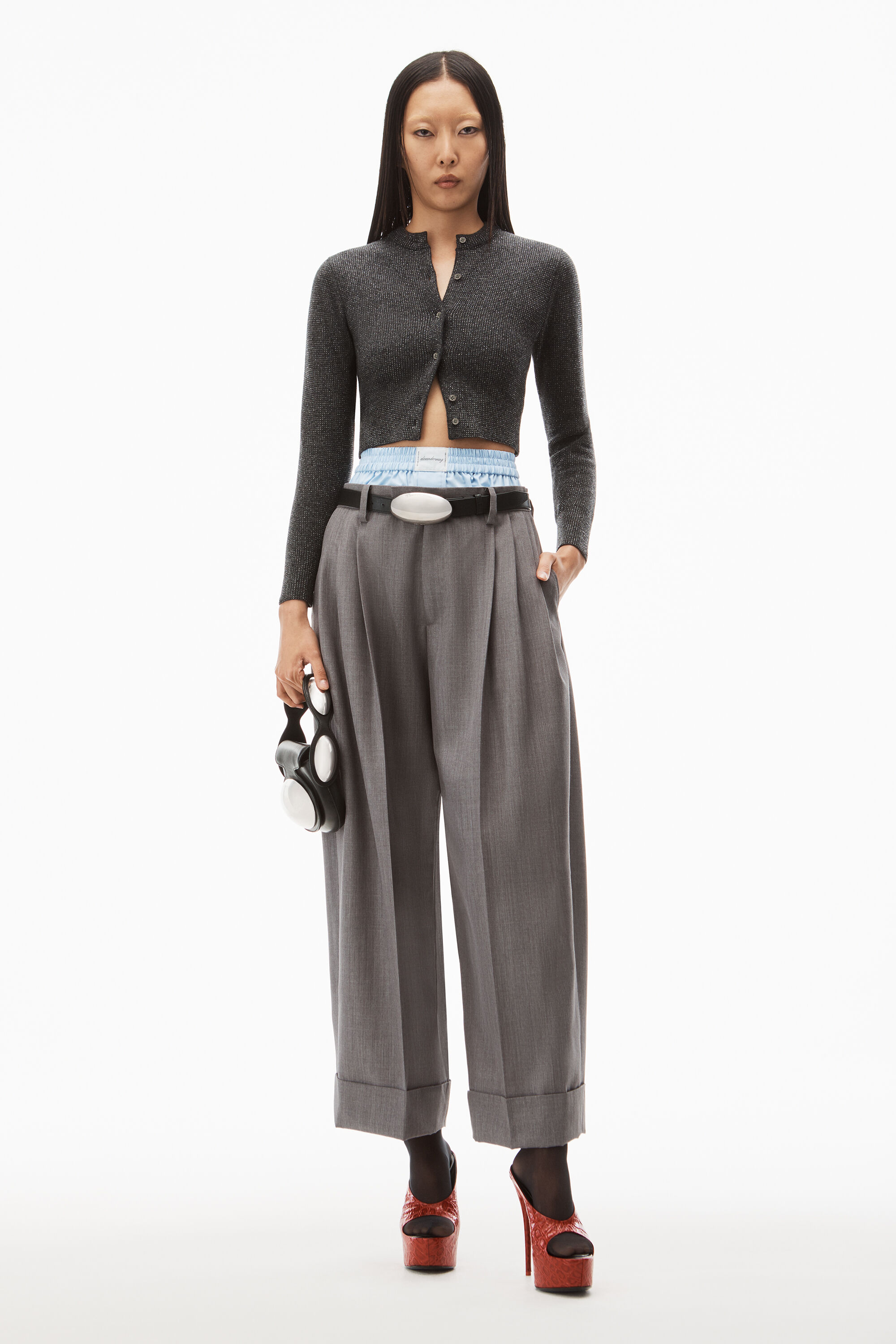 crystal hotfix shrunken cardigan in wool in CHARCOAL MELANGE