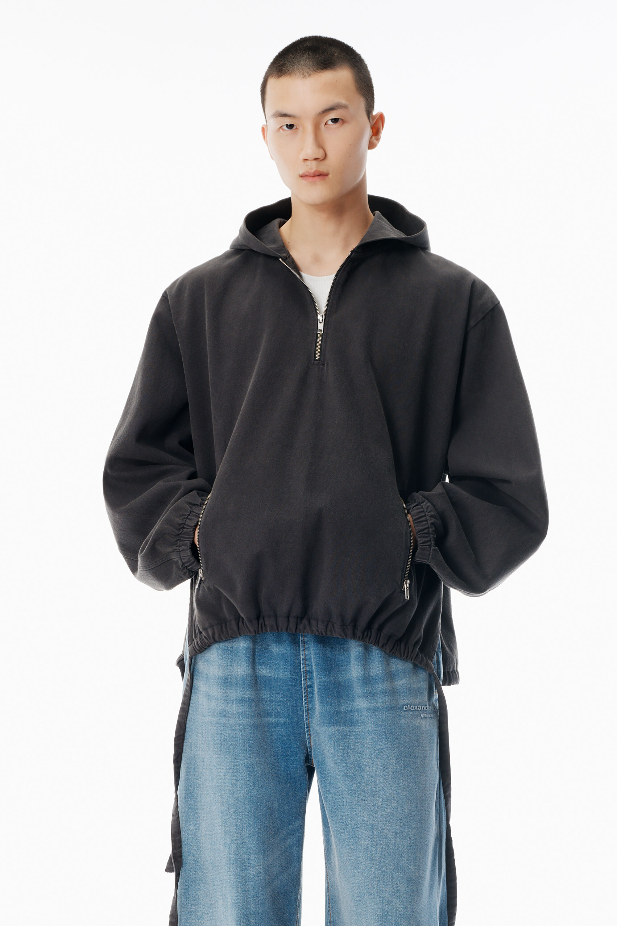 Grey Half-Zip Cotton Hoodie in WASHED BLACK BEAN | alexanderwang®