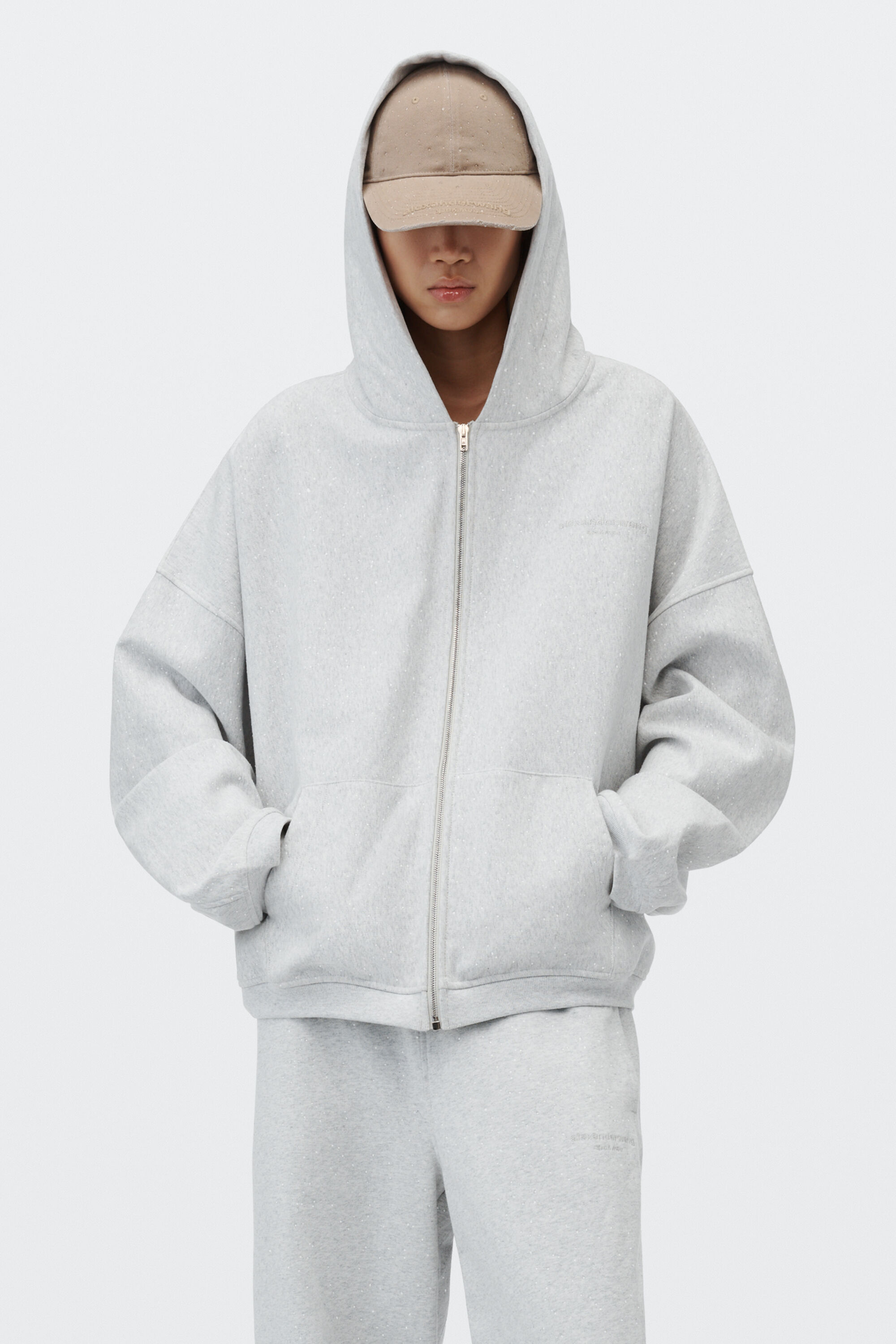Crystal embellished oversized zip-up hoodie in LIGHT HEATHER GREY