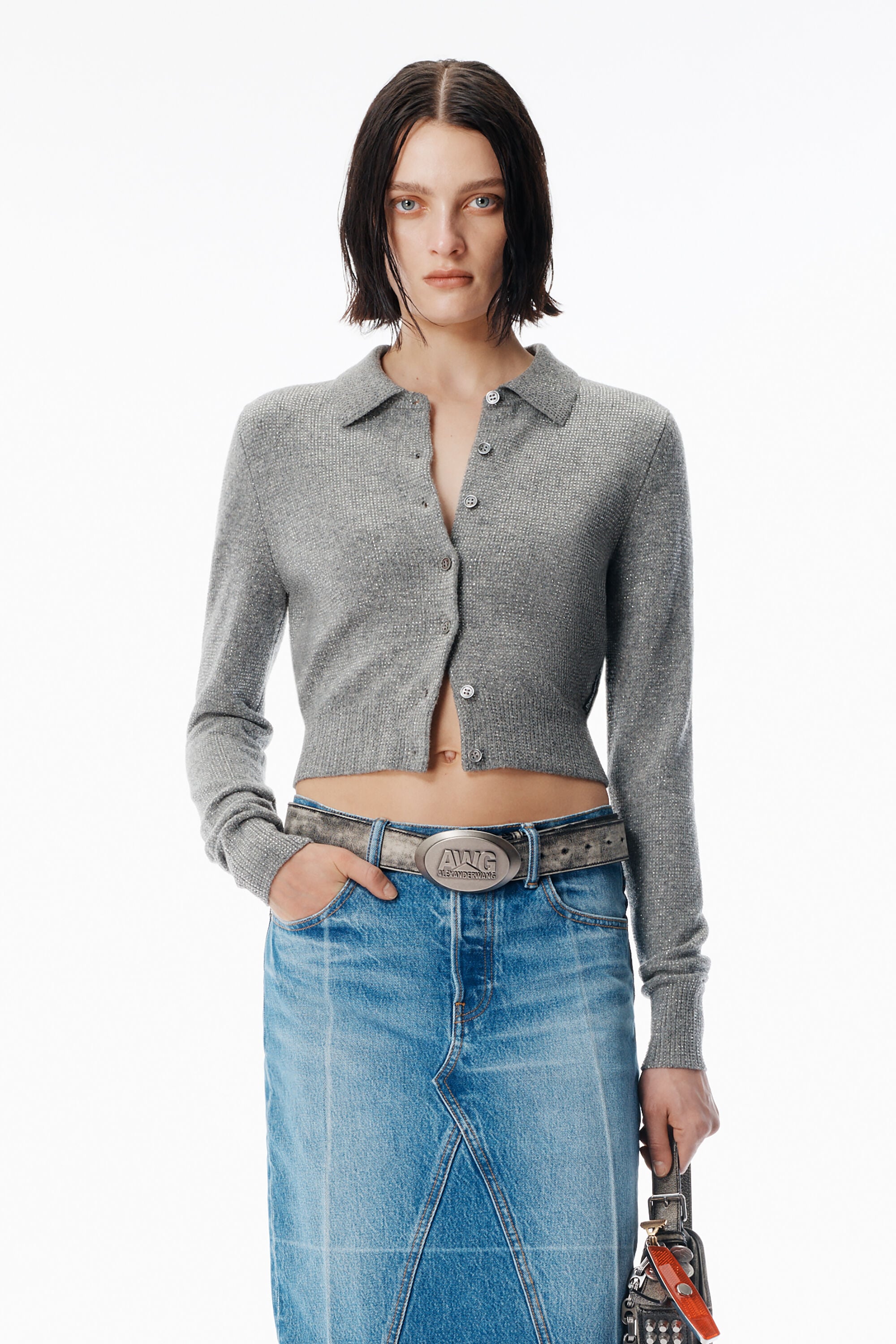 Grey Wool-Blend Hotfix Polo Cardigan in HEATHER GREY | alexanderwang®