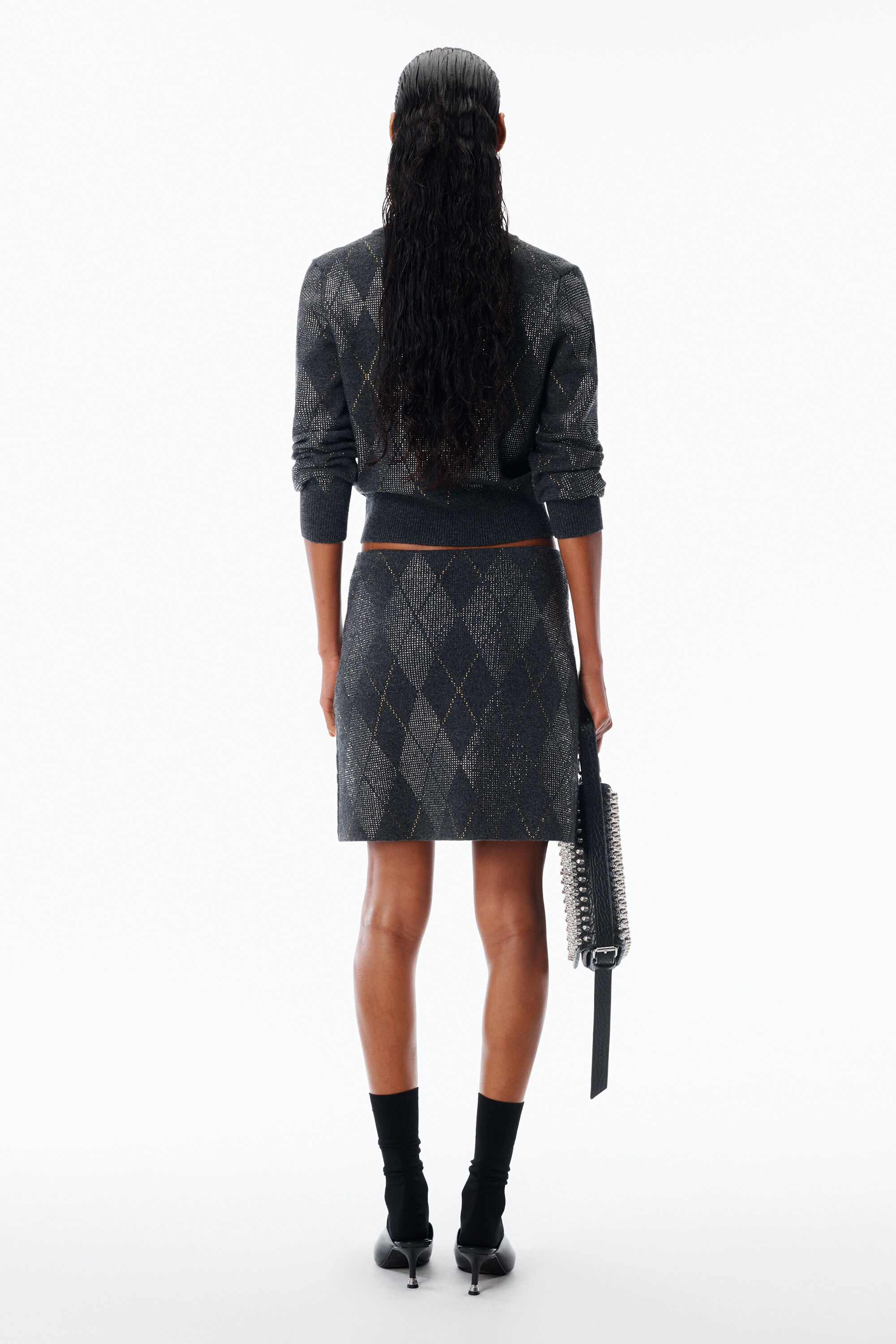 Crystal Hotfix Wool-Blend Argyle Cardigan in GRAPHITE | alexanderwang®