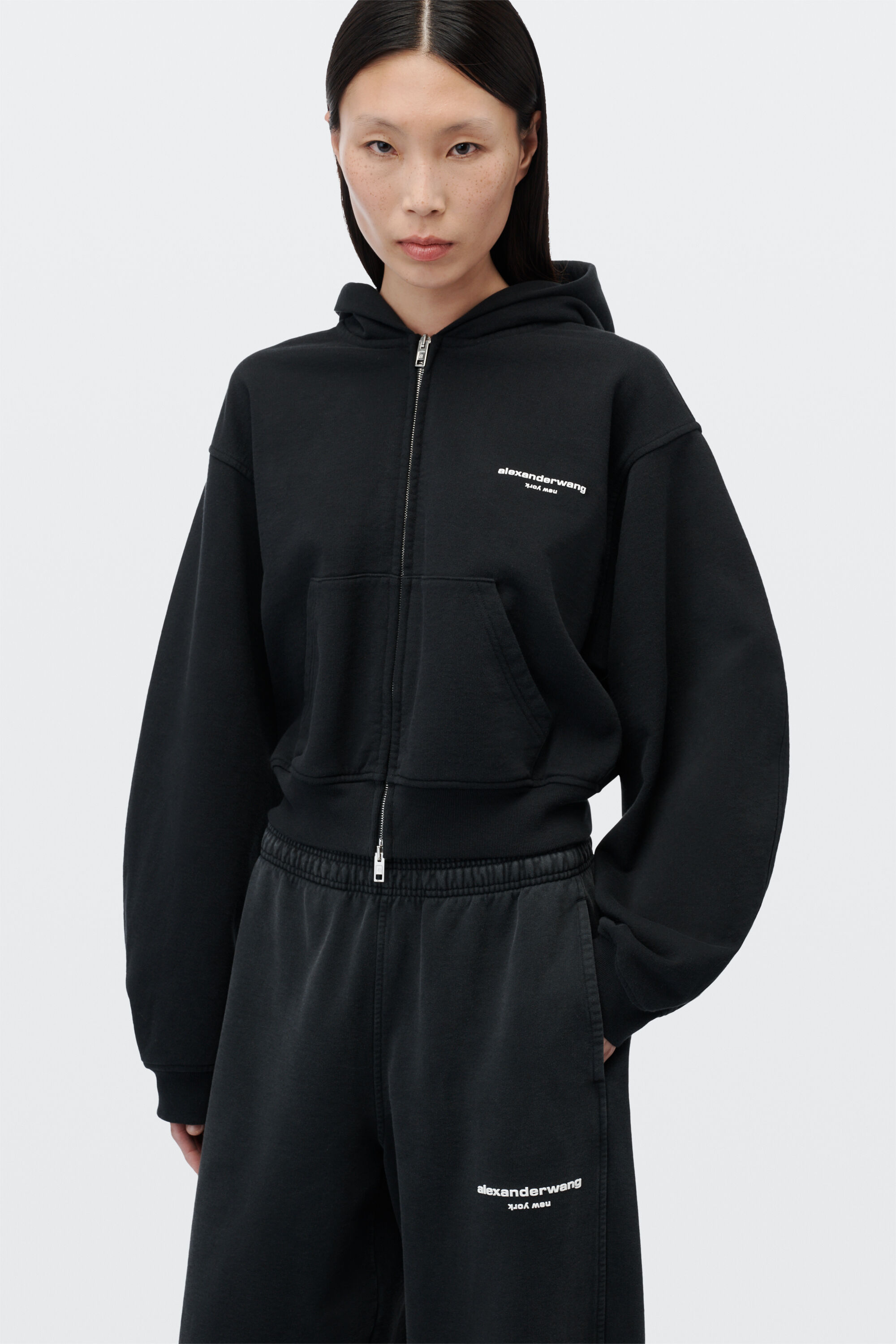 LOGO PRINT ZIP-UP HOODIE in WASHED BLACK | alexanderwang®