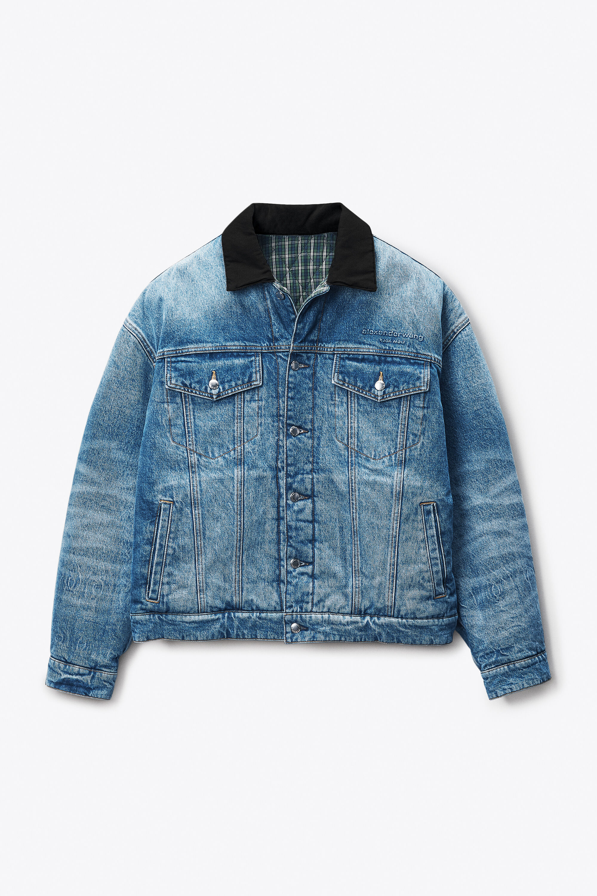 alexanderwang デニムダウンジャケット Reversible Trucker Jacket in VINTAGE MARBLED BLUE | alexanderwang®