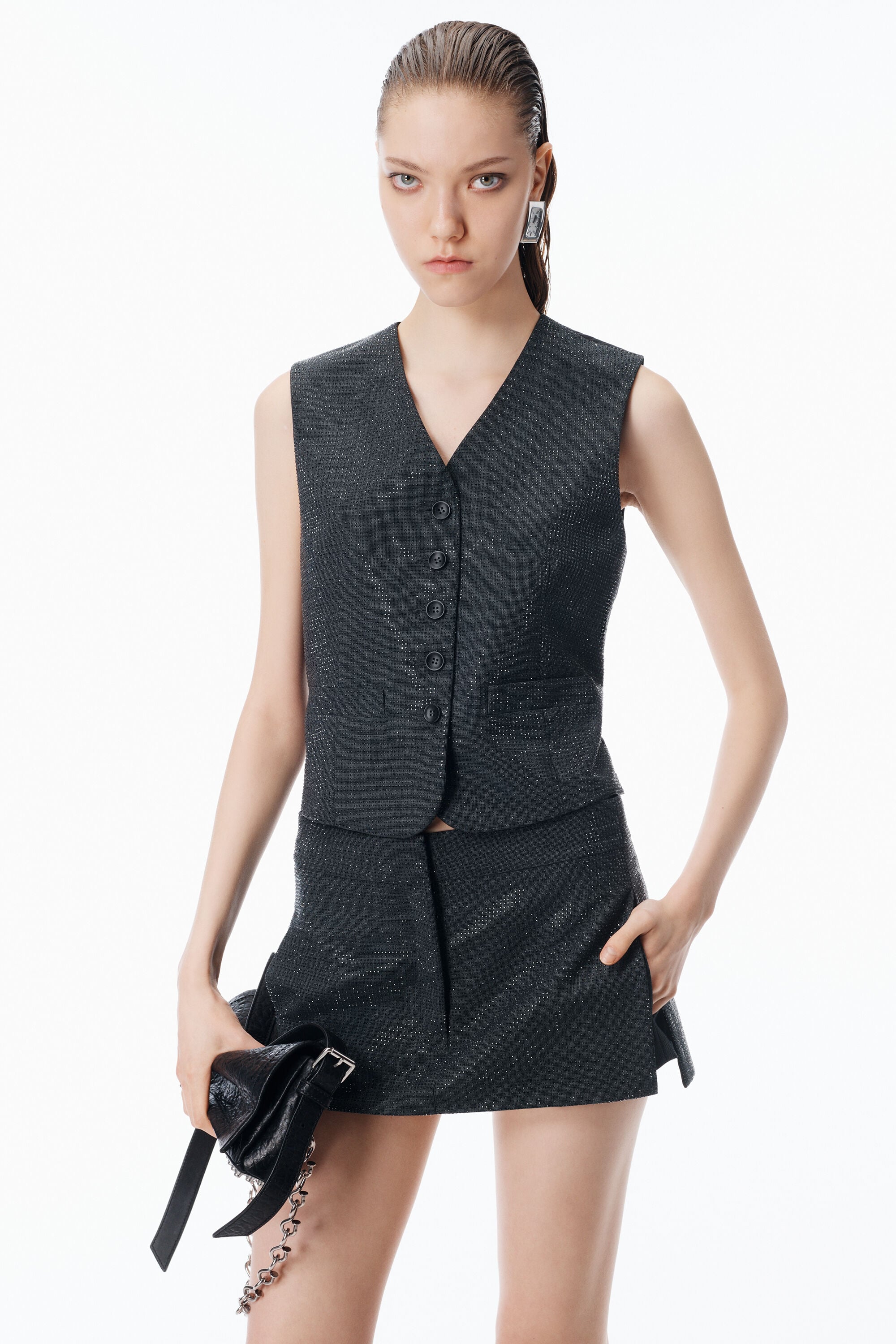 Crystal Hotfix Tailored Vest in GREY | alexanderwang®