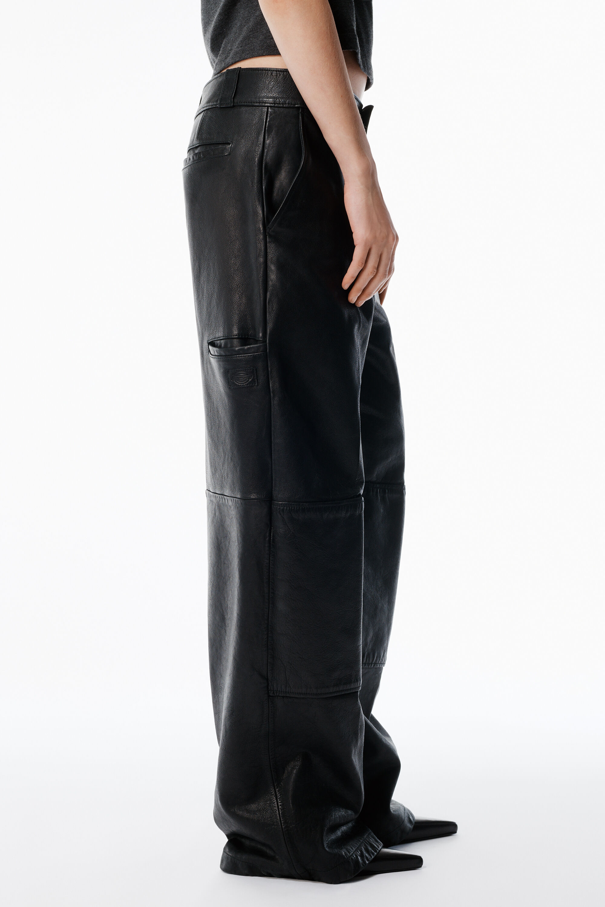 Black Worn Moto Leather Workwear Pant in BLACK | alexanderwang®