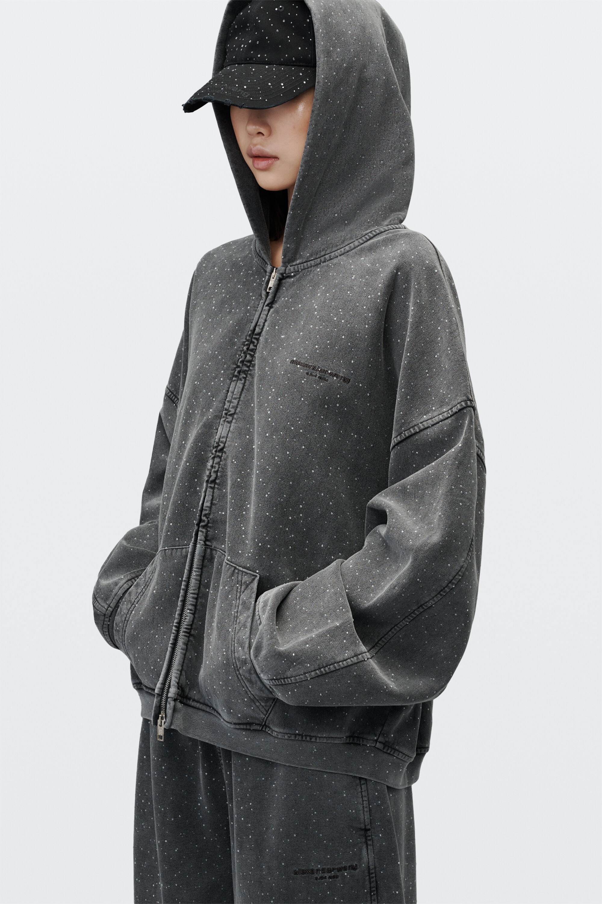 【ALEXANDER WANG】HOTFIX ZIP-UP HOODIE S alexanderwang アレキサンダーワング CRYSTAL HOTFIX OVERSIZED ZIP UP