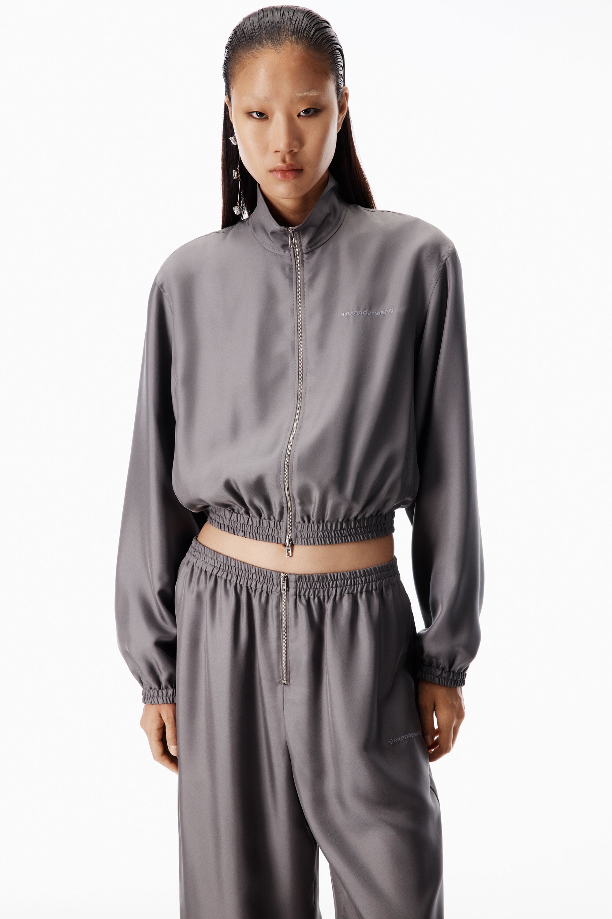 Silk Twill Cropped Track Jacket