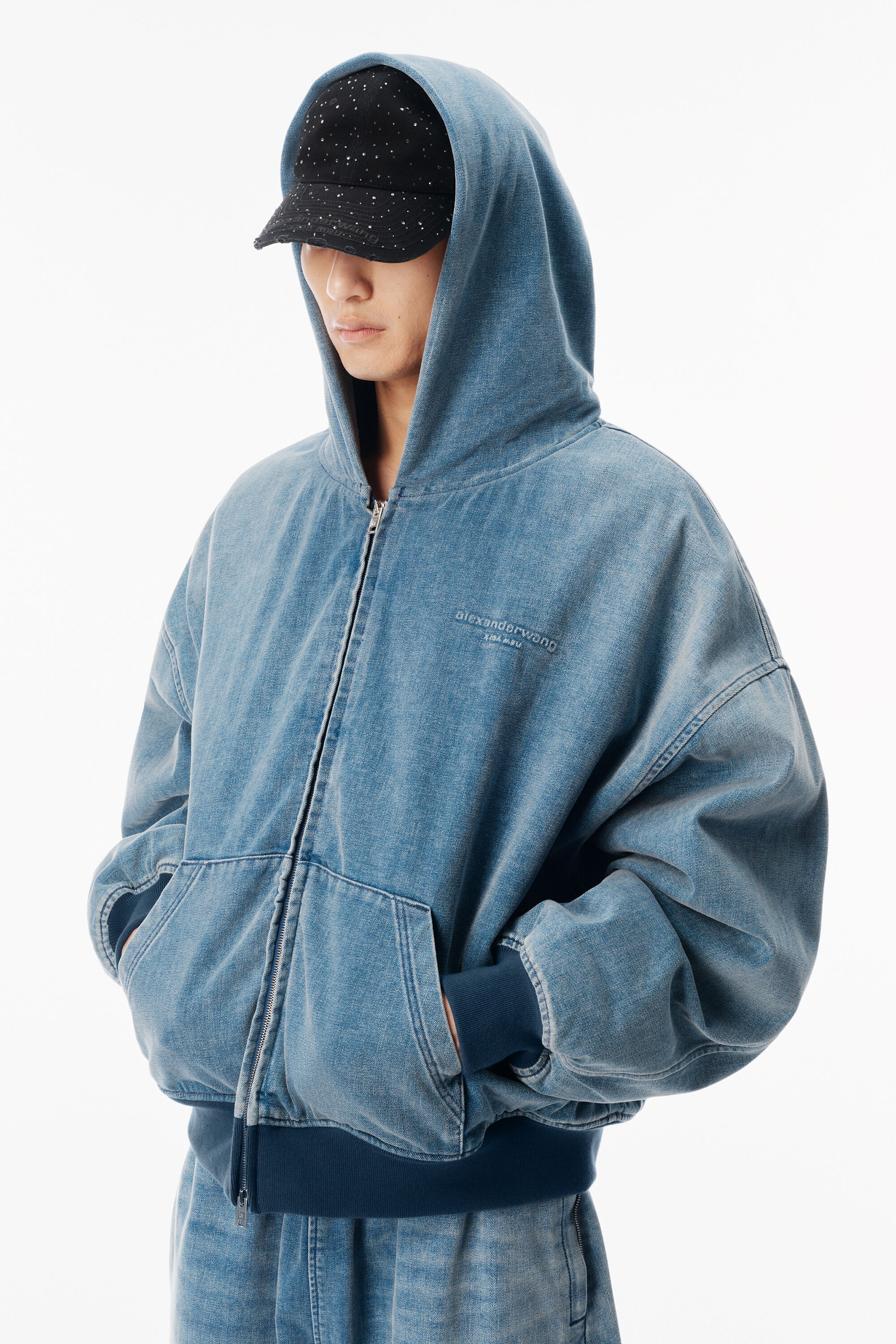 BRUSHED DENIM OVERSIZED HOODIE in WASHED LIGHT BLUE | alexanderwang®