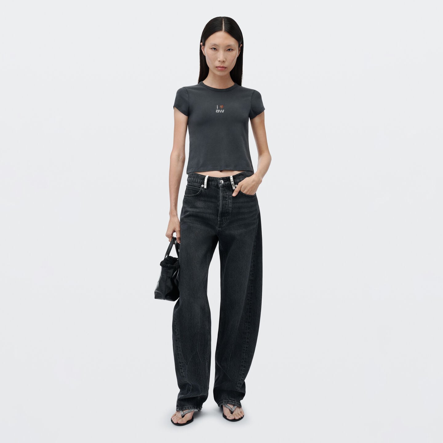 Alexander Wang Crystal Belt Loop Mid Rise Relaxed Jean In Grey Aged