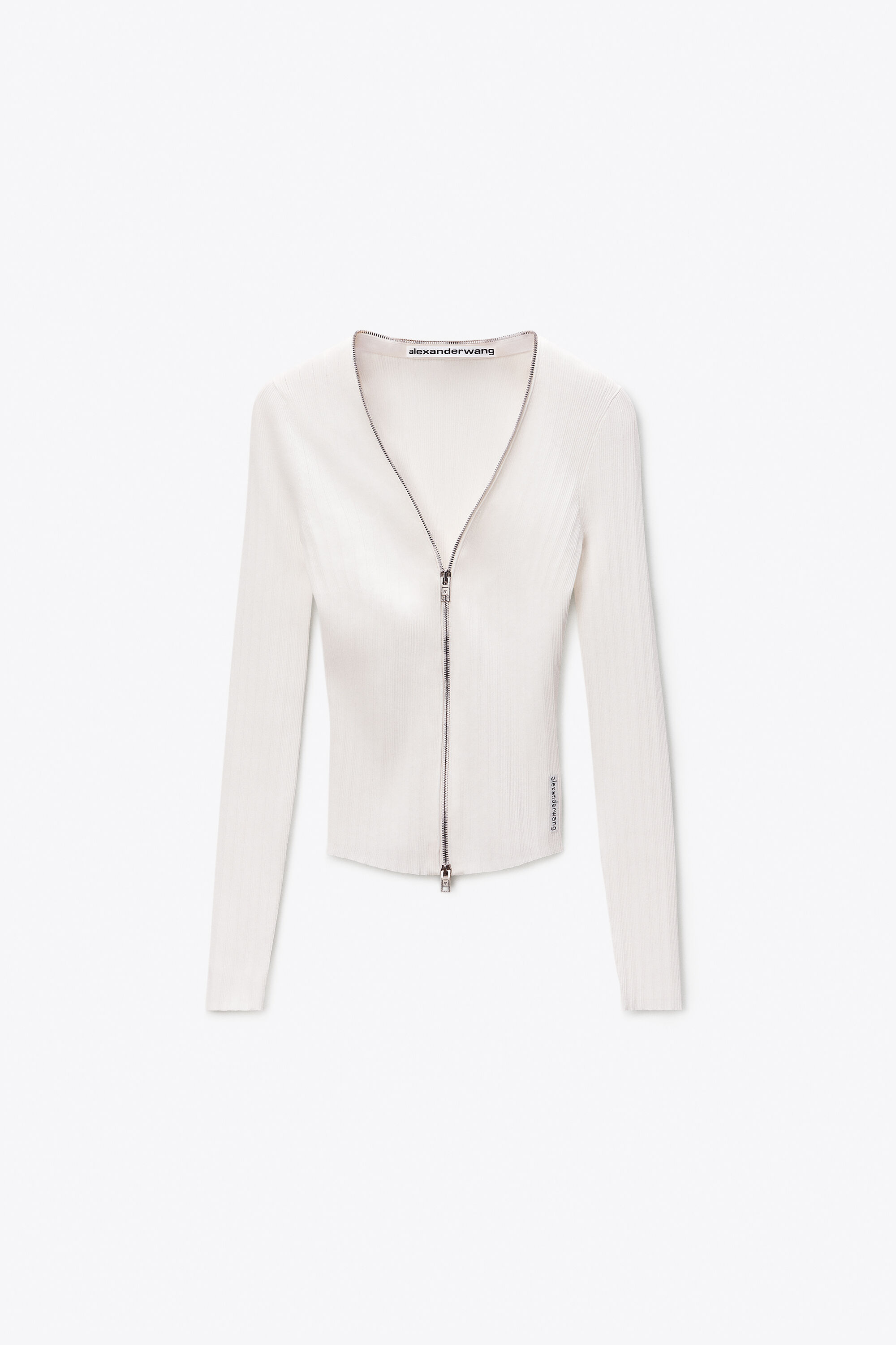 V-NECK LONG SLEEVE POINTELLE ZIP CARDIGAN in WHITE | alexanderwang®