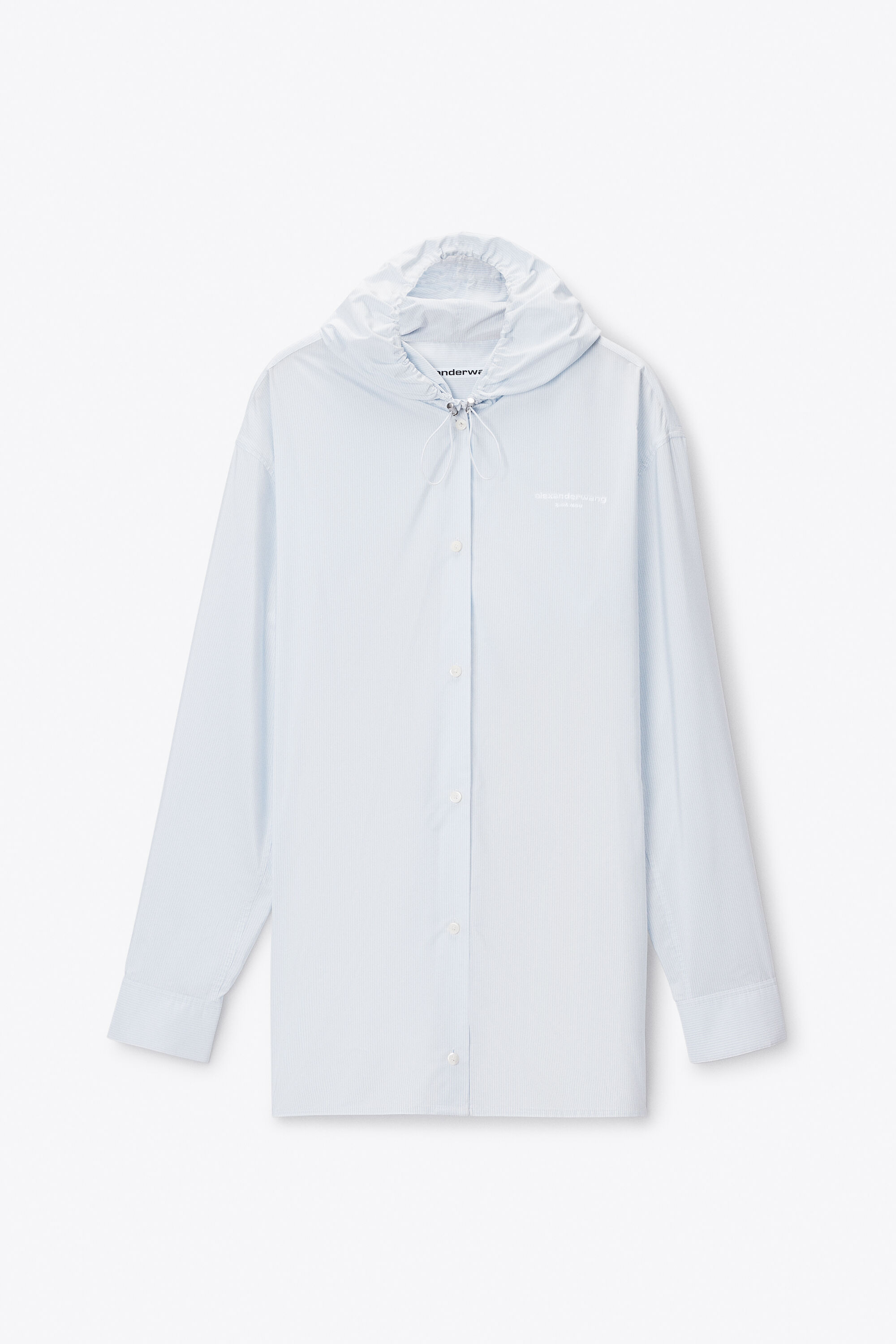 Hooded Button-Up Shirt with Bungee Drawcord in WHITE/BLUE STRIPE