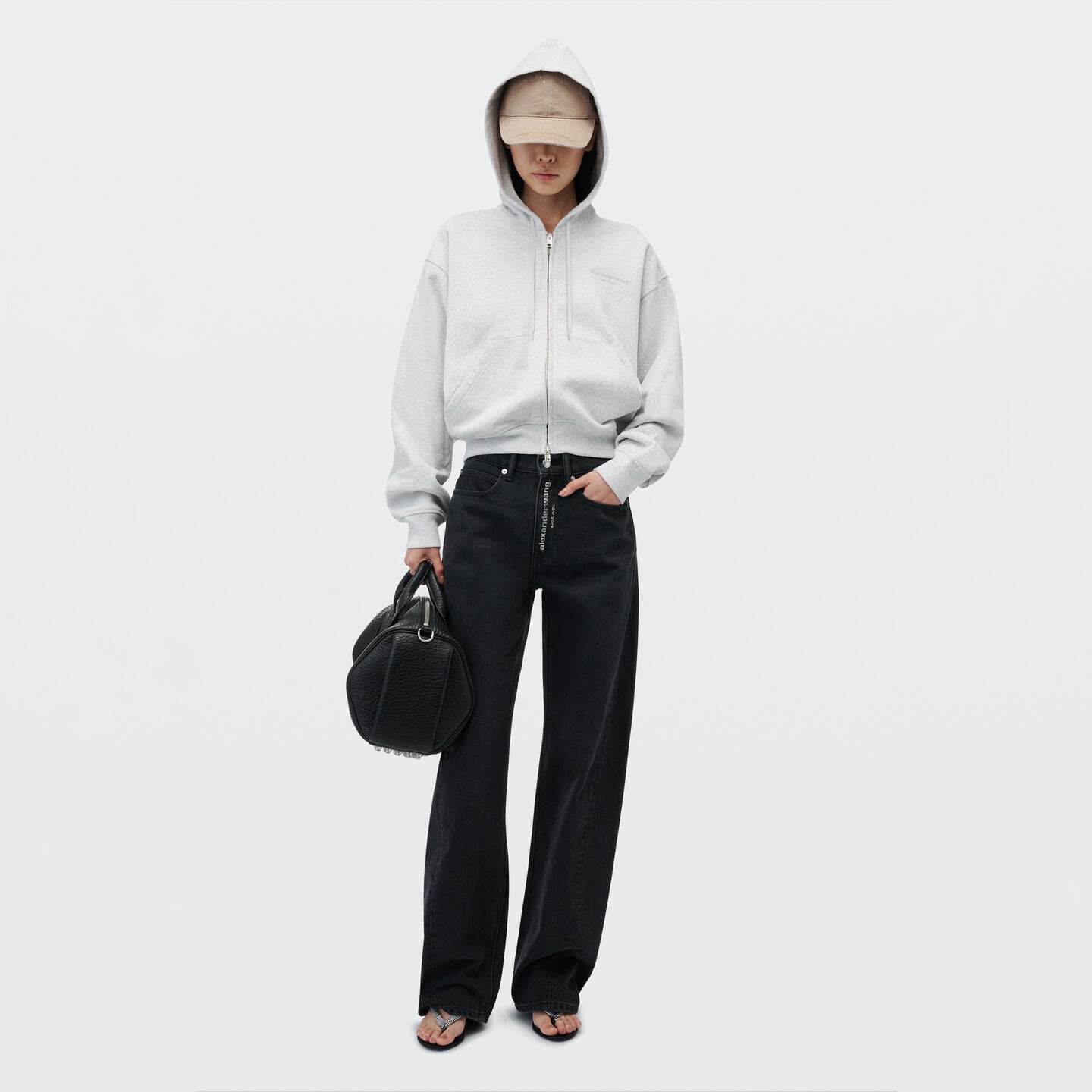 Alexander Wang Float Crystal Logo Fly Mid-rise Relaxed Jean In Faded Black