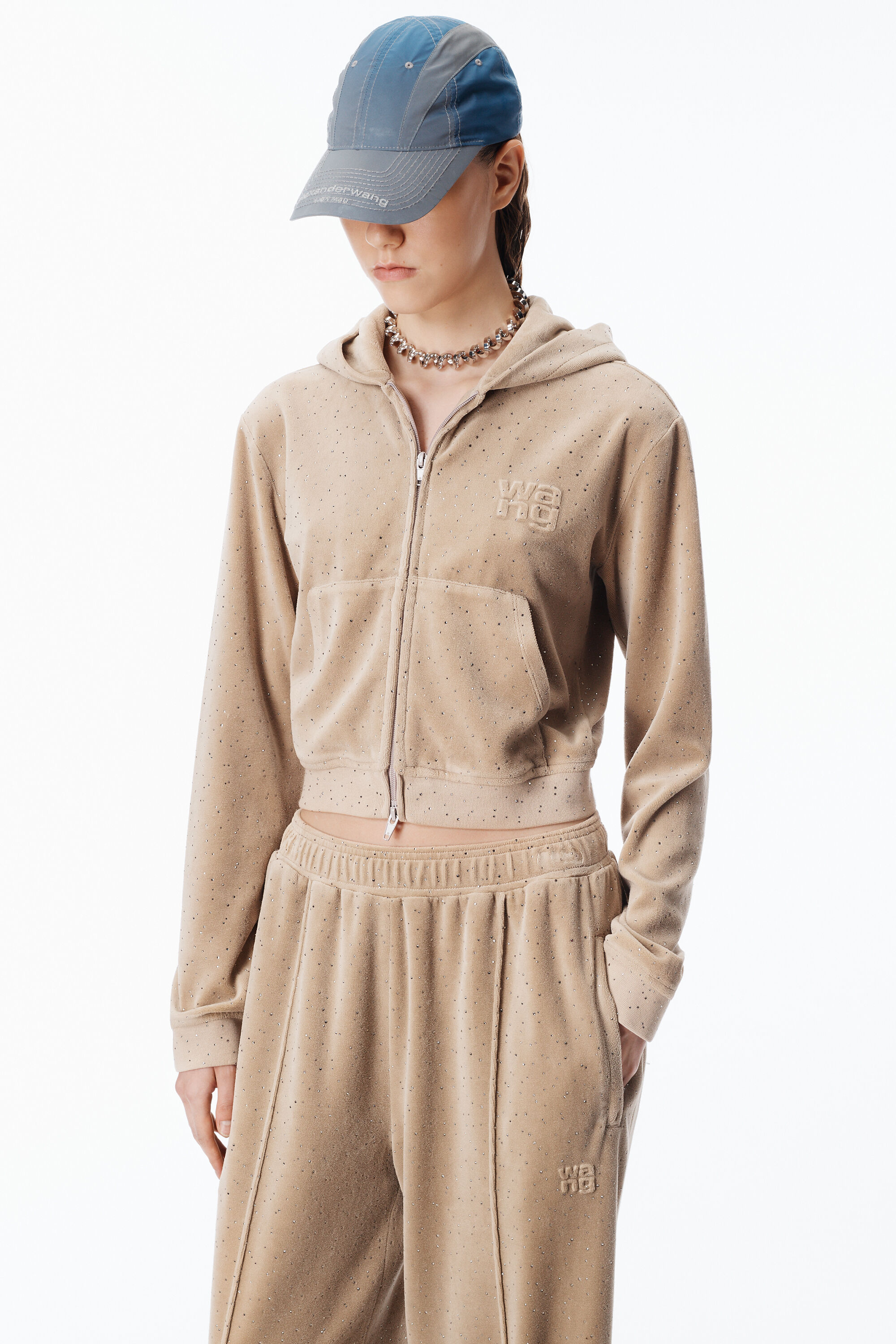 Crystal Hotfix Mid-Rise Terry Sweatpant in WARM TAUPE | alexanderwang®