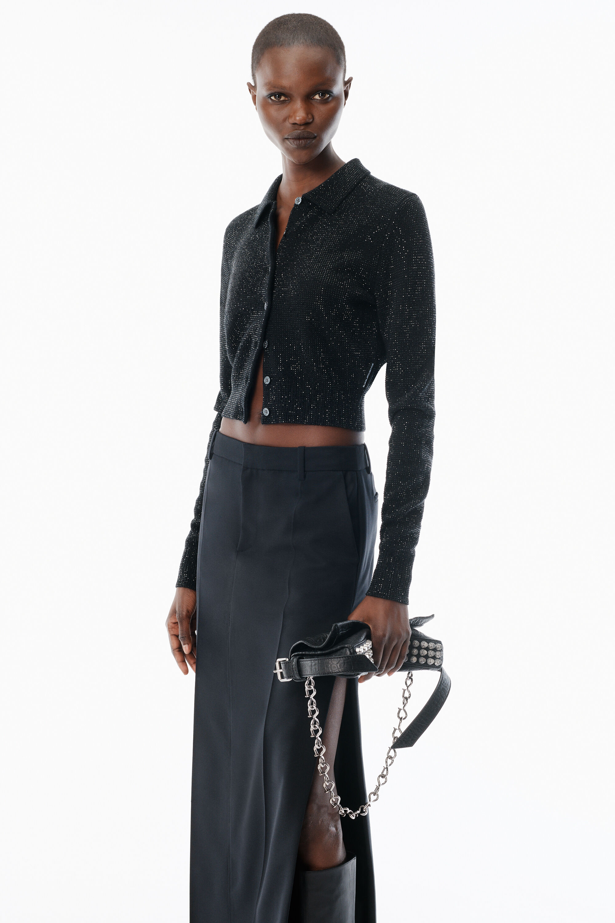 Black Wool-Blend Hotfix Polo Cardigan in BLACK | alexanderwang®