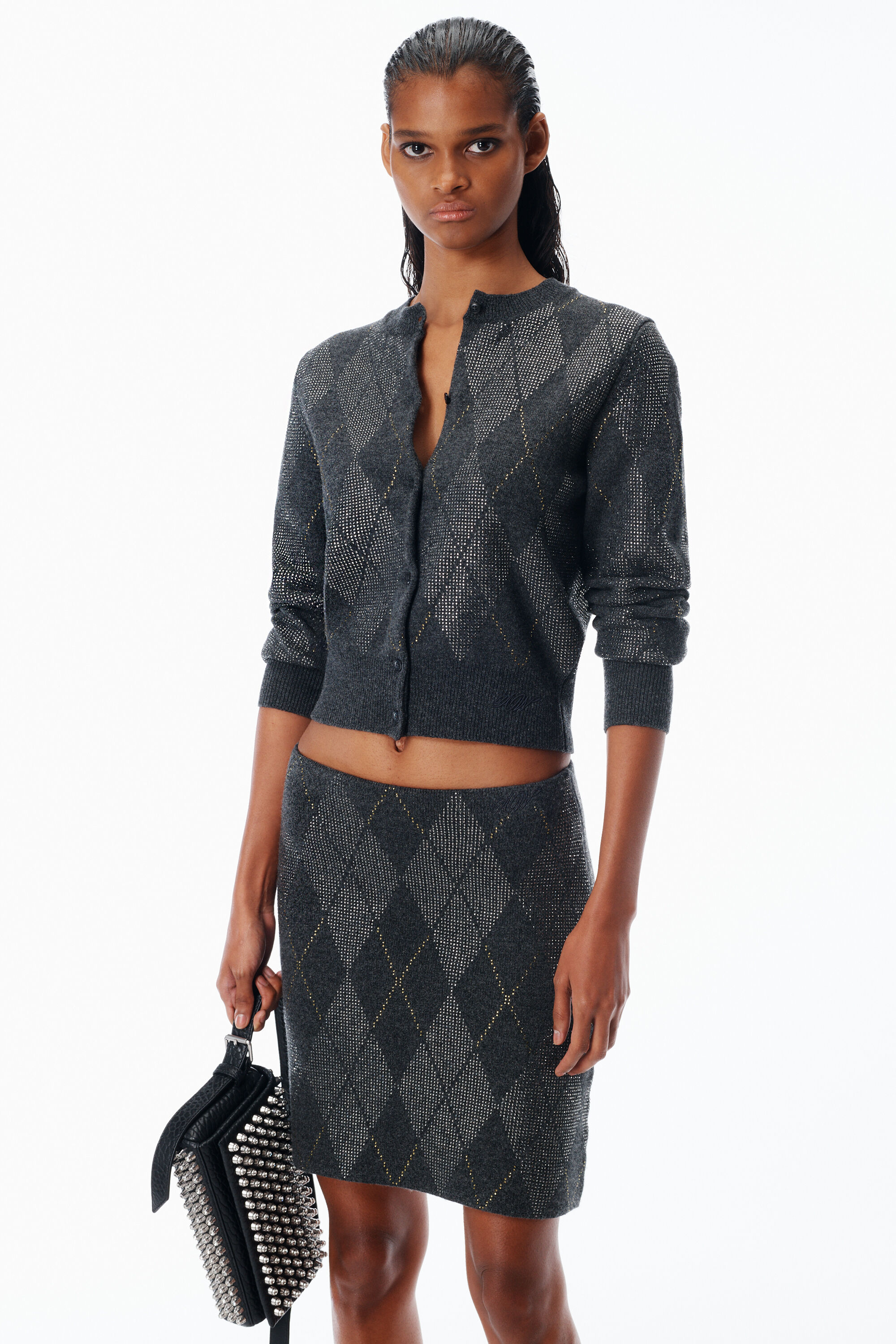 Crystal Hotfix Wool-Blend Argyle Cardigan in GRAPHITE | alexanderwang®