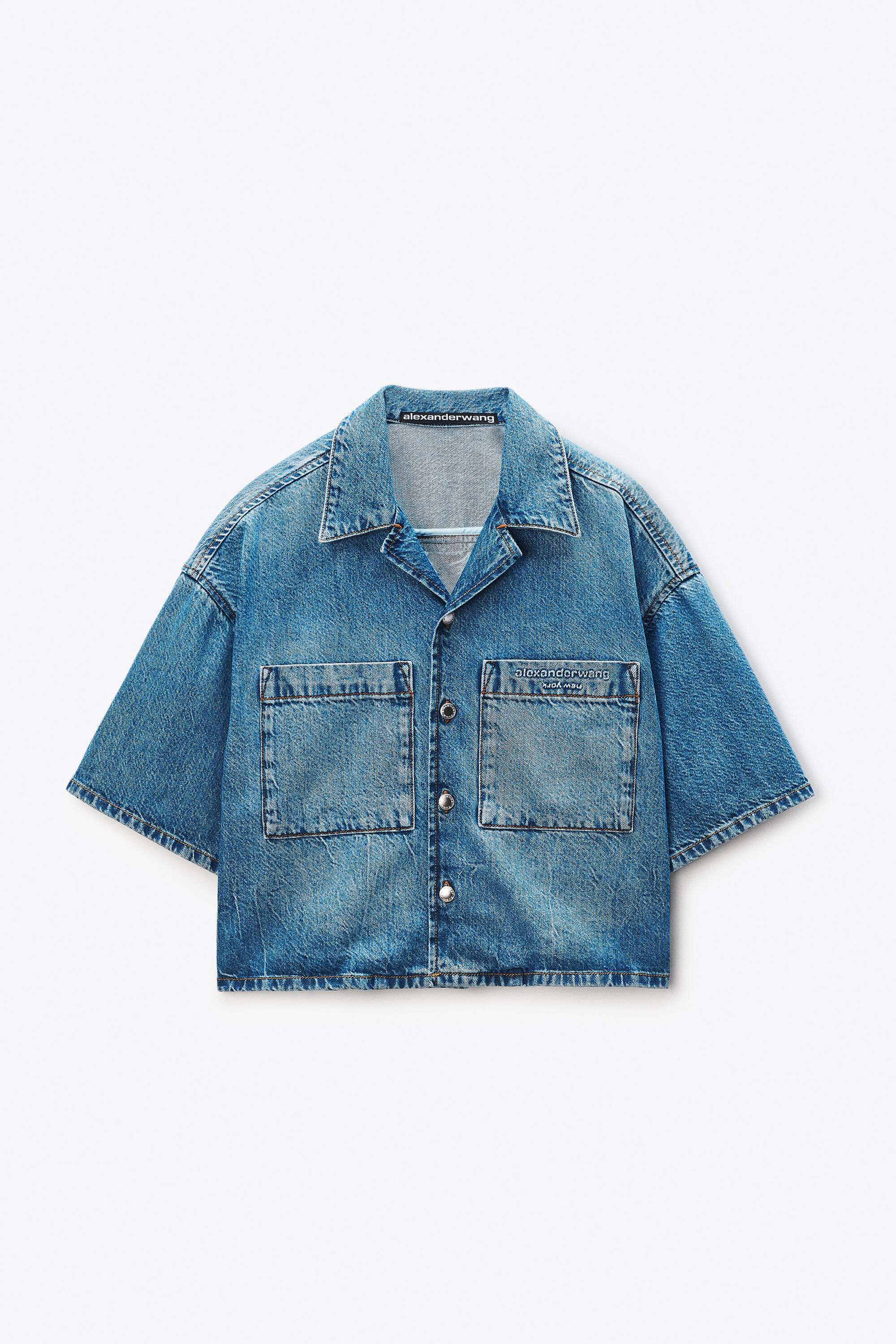 Cropped Denim Shirt in VINTAGE MARBLED BLUE | alexanderwang®