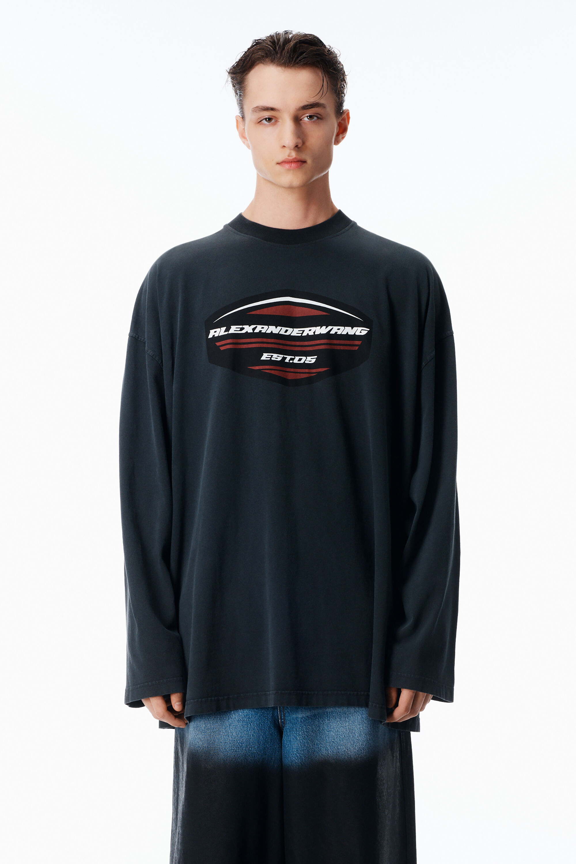 Unisex Long Sleeve Shield Graphic Tee in Jersey Oversized in