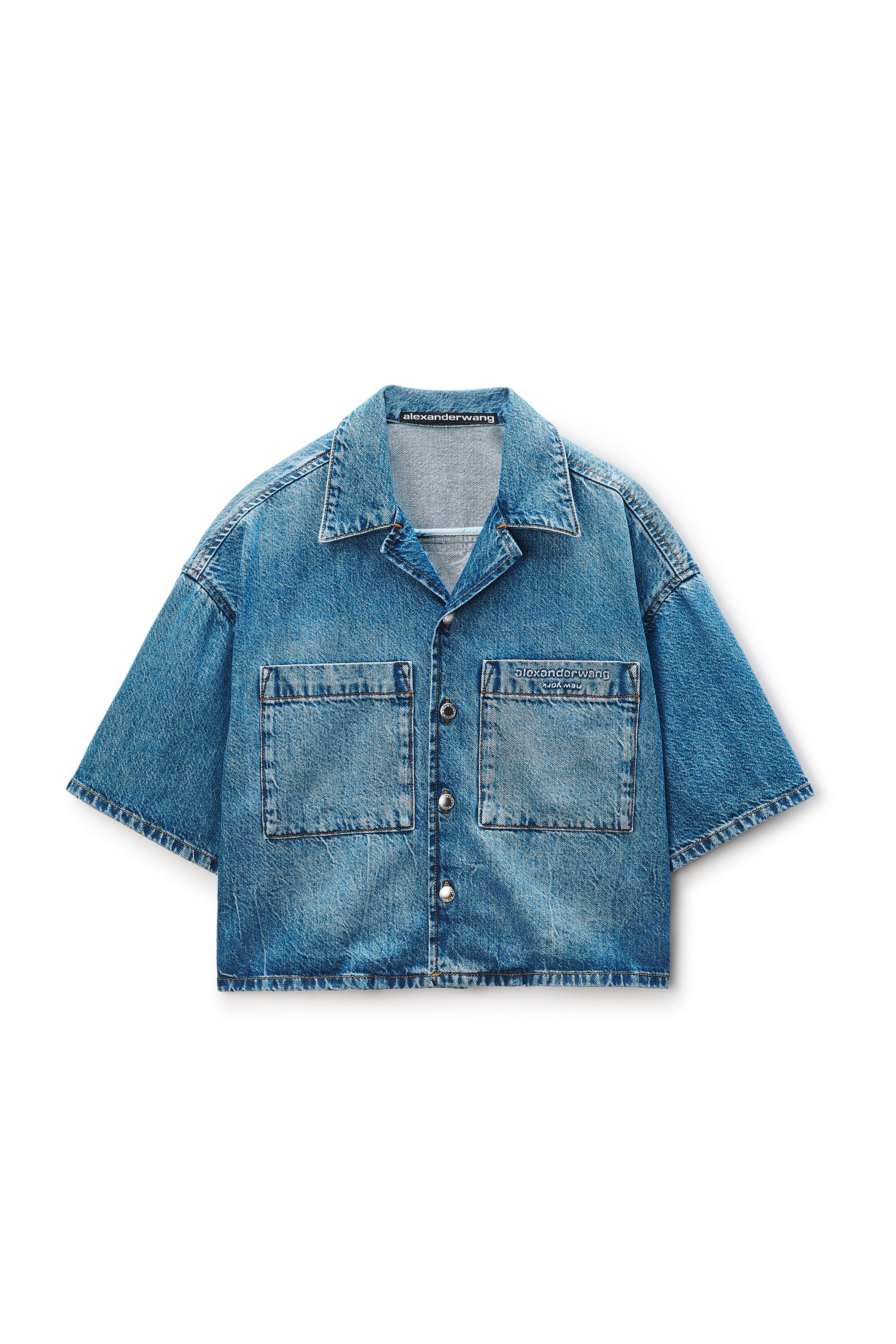 Alexander wang クロップドデニムジャケット Cropped Denim Shirt in VINTAGE MARBLED BLUE | alexanderwang®