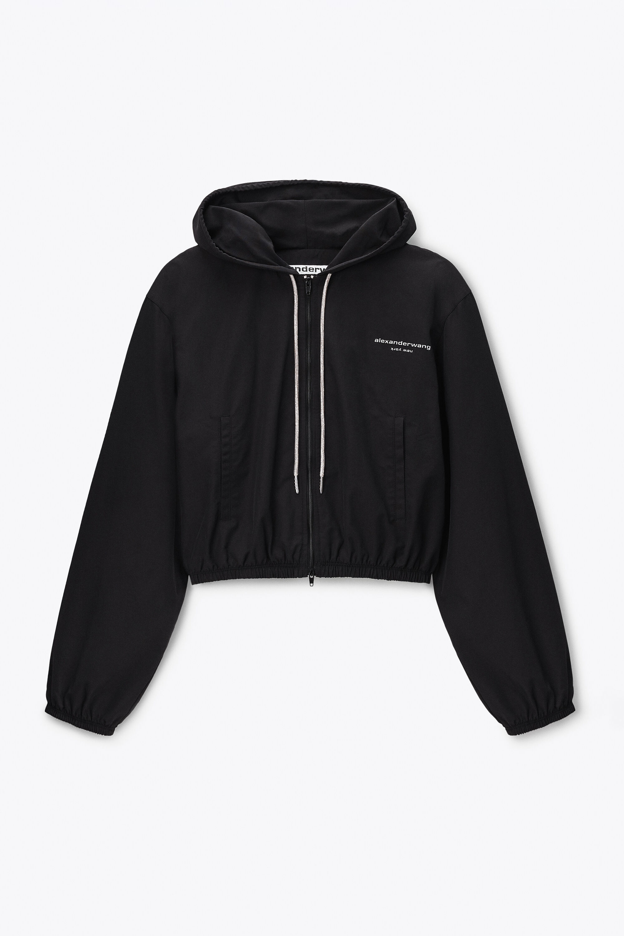 Cropped Zip-Up Hoodie with Crystal Drawcord in BLACK | alexanderwang®