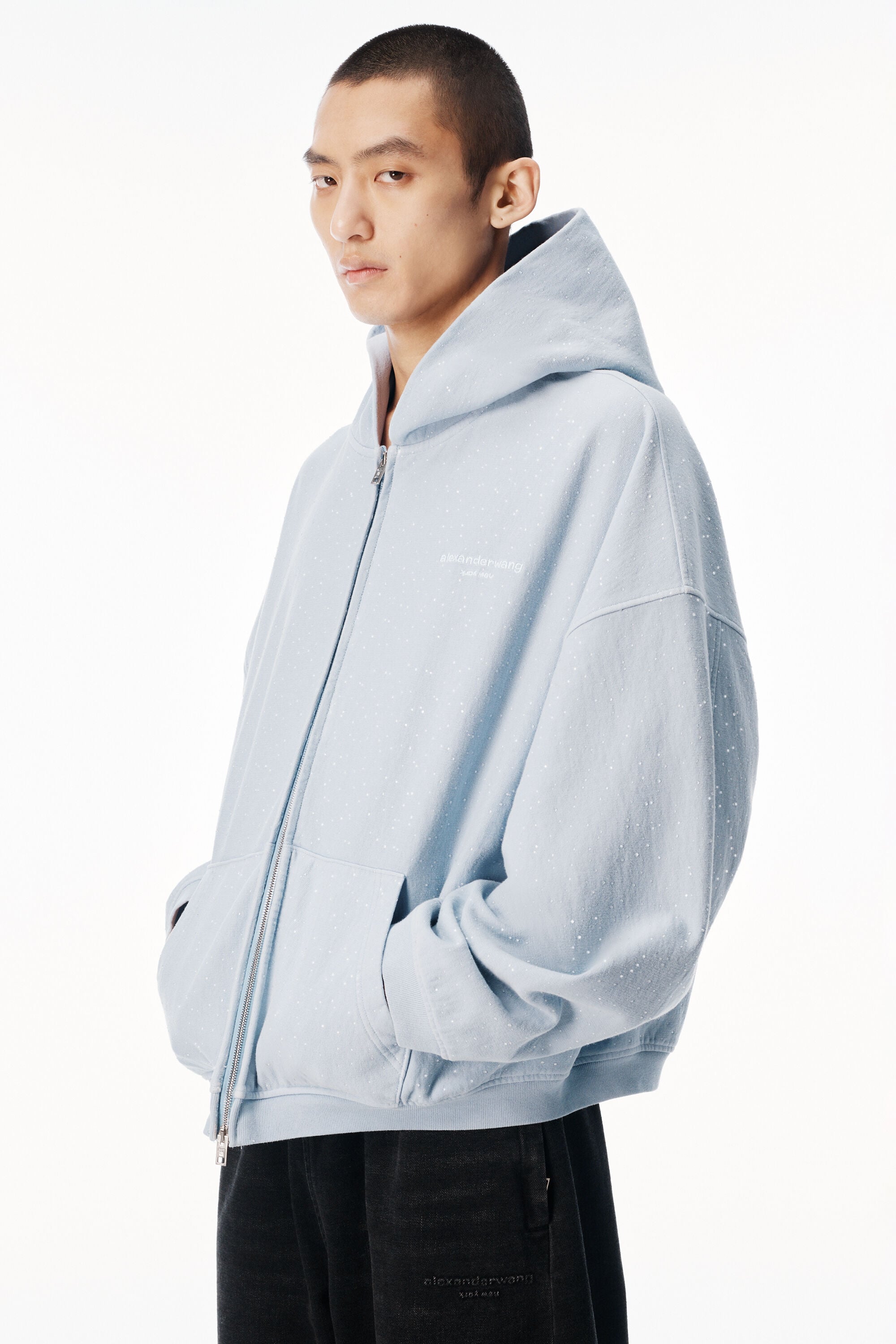 Crystal hotfix oversized zip-up hoodie in WASHED SKY | alexanderwang®