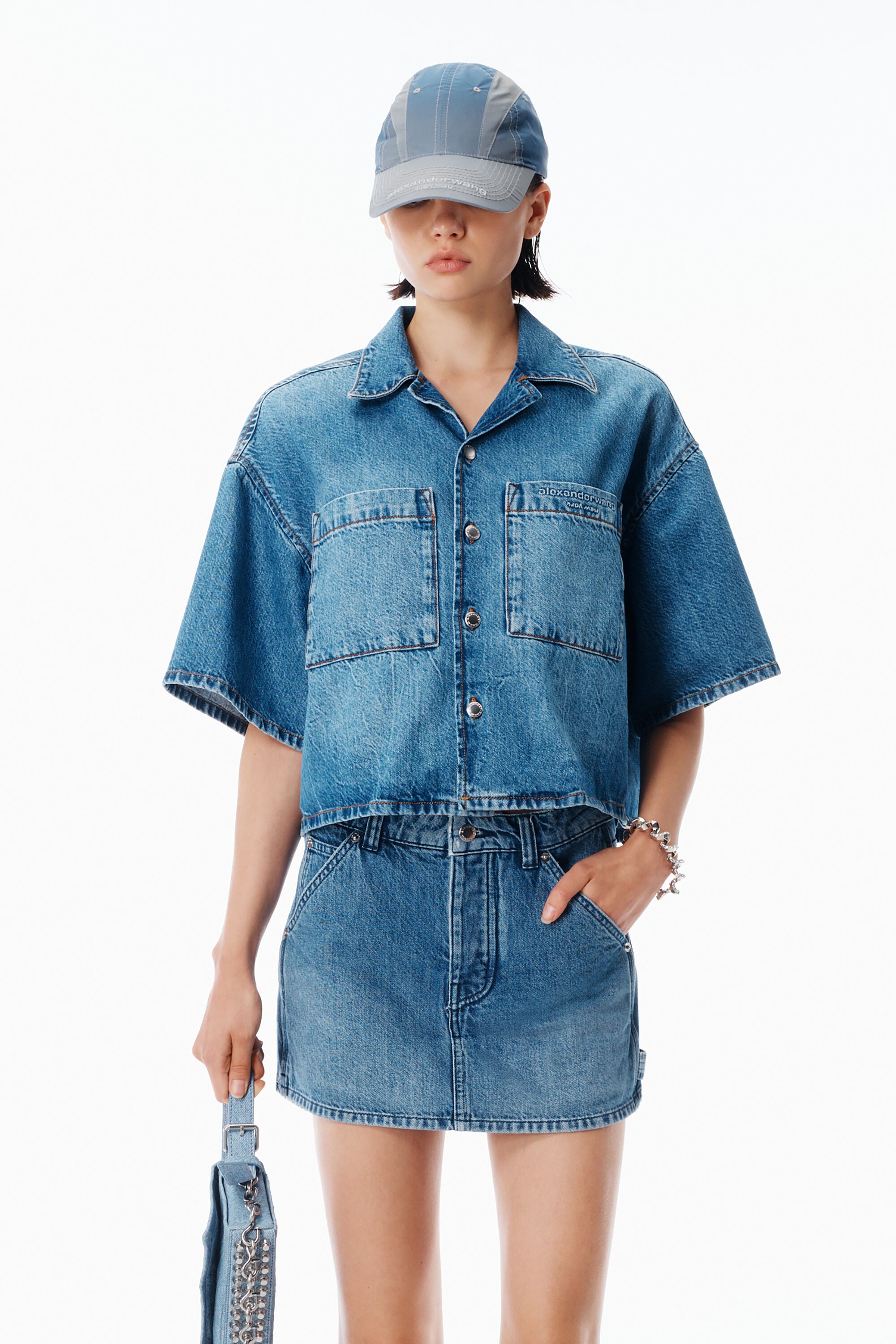 Cropped Denim Shirt in VINTAGE MARBLED BLUE | alexanderwang®
