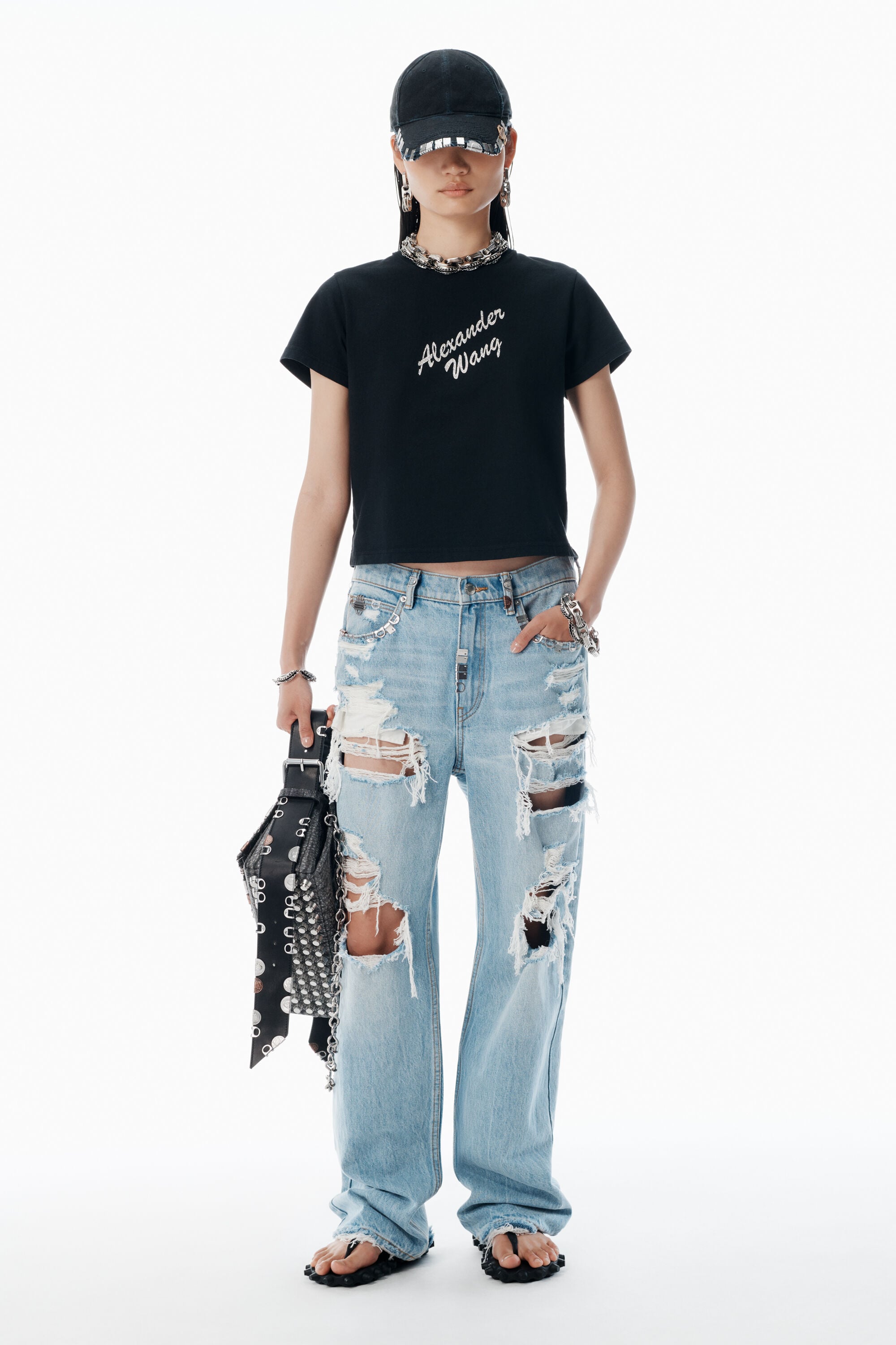 Black Crystal Hotfix & Cotton Logo Tee in BLACK | alexanderwang®