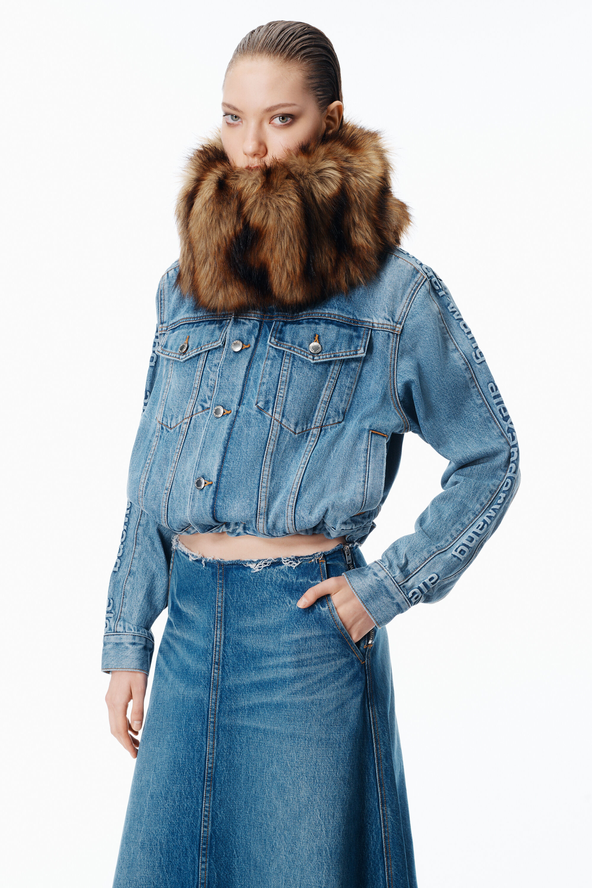 A-Line Denim Skirt Midi in VINTAGE MARBLED BLUE | alexanderwang®