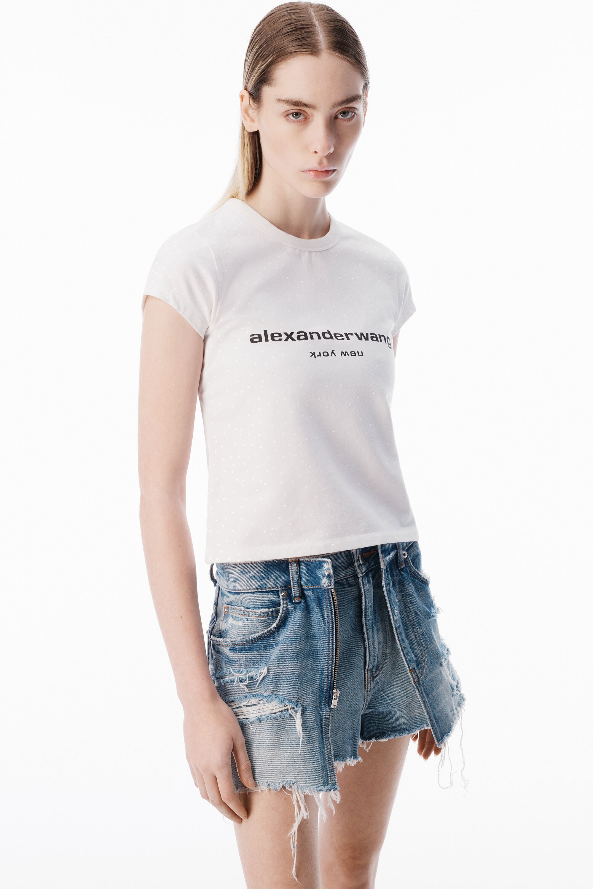 Crystal Hotfix Logo Cotton Baby Tee in WHITE | alexanderwang®