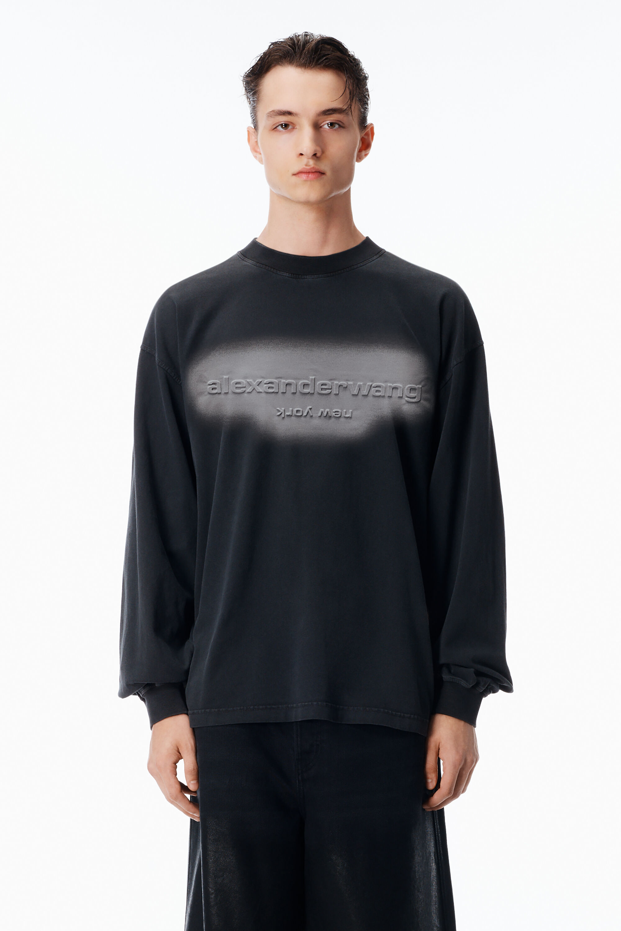 Unisex Long Sleeve Logo Tee in Jersey Oversized in WASHED BLACK