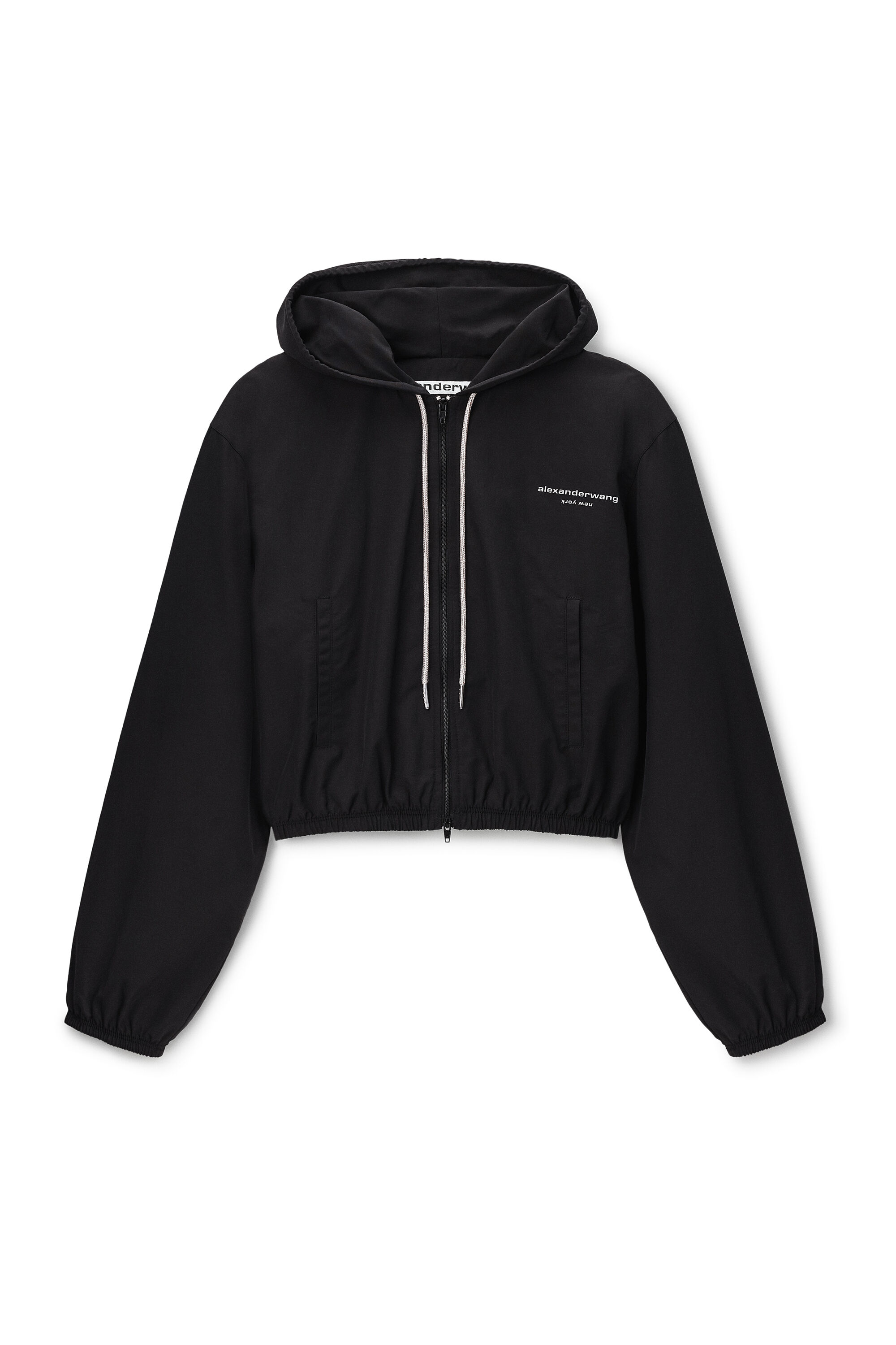Cropped Zip-Up Hoodie with Crystal Hotfix Drawcord in BLACK